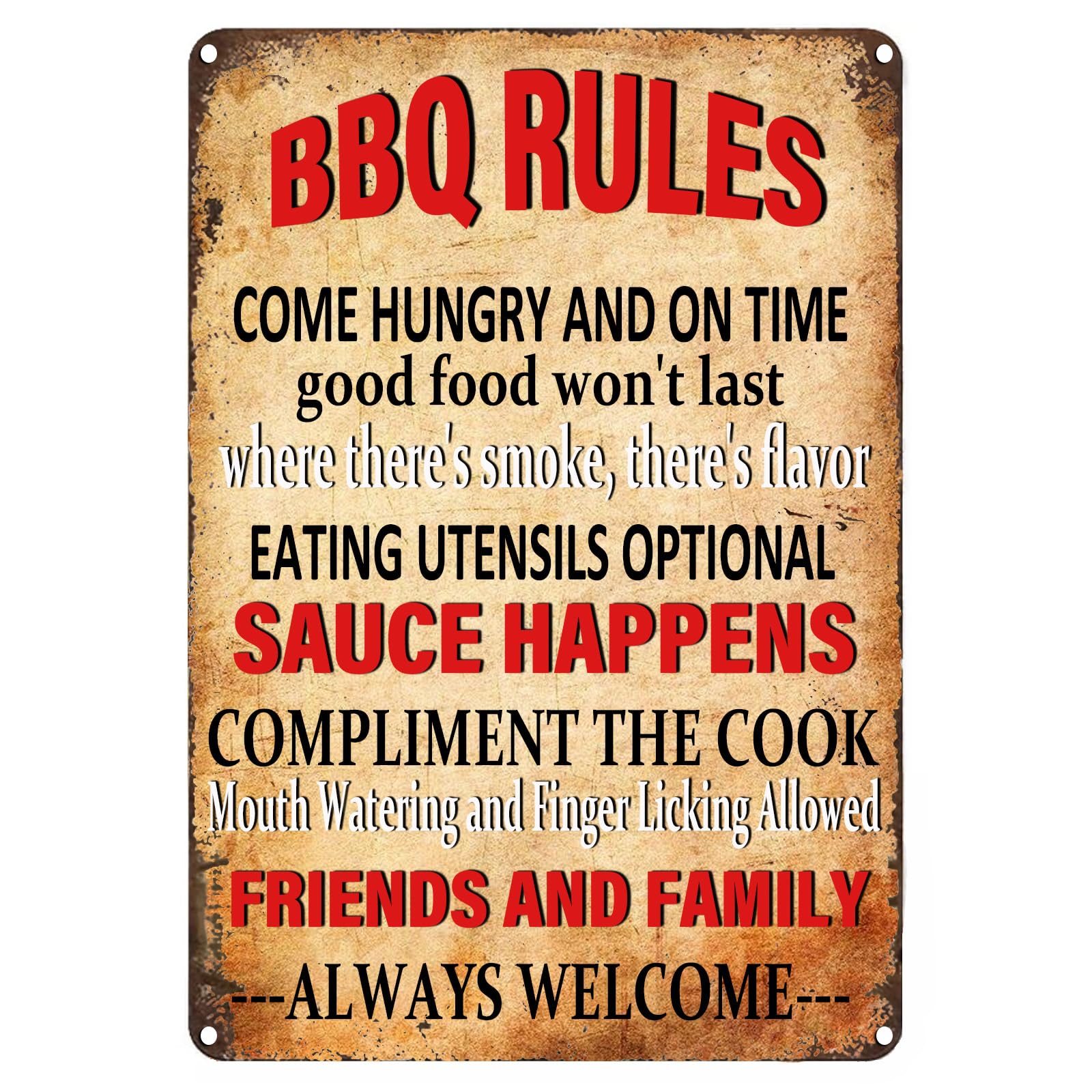 BBQ Rules Metal Sign,Come Hungry and on Time Good Food Won't Last Funny Rules Tin Signs Wall Decor for Porch Backyard Home Bar Deck Kitchen Decorations Backyard Sign 8x12 Inch