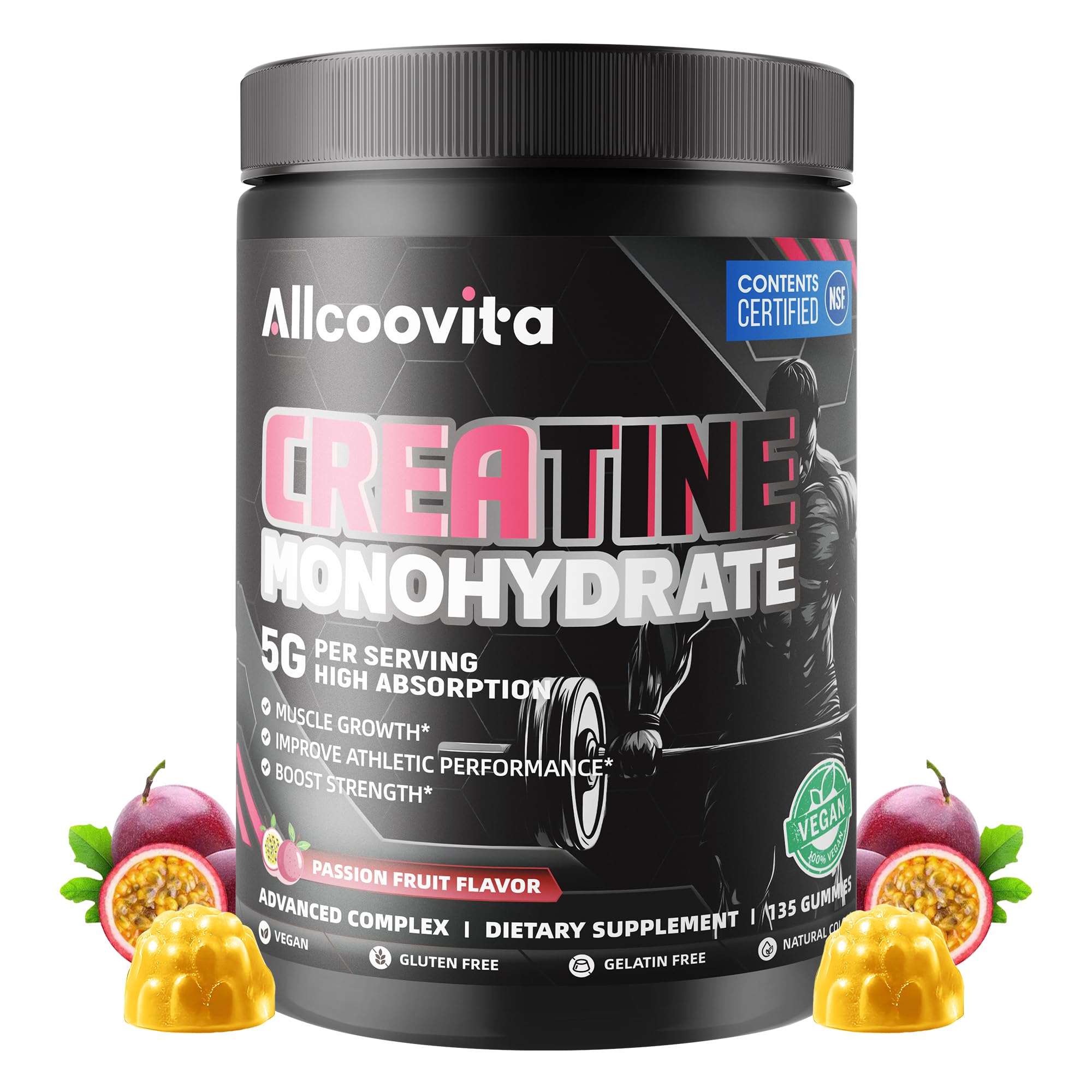 Allcoovita Creatine Monohydrate Gummies for Men & Women. Boost Focus,Strength, and Endurance, Anti-Melting Formula, Vegan, Gluten-Free, Non-GMO,(Passion Fruit 135 ct) Passion Fruit 135 Count (Pack of 1)