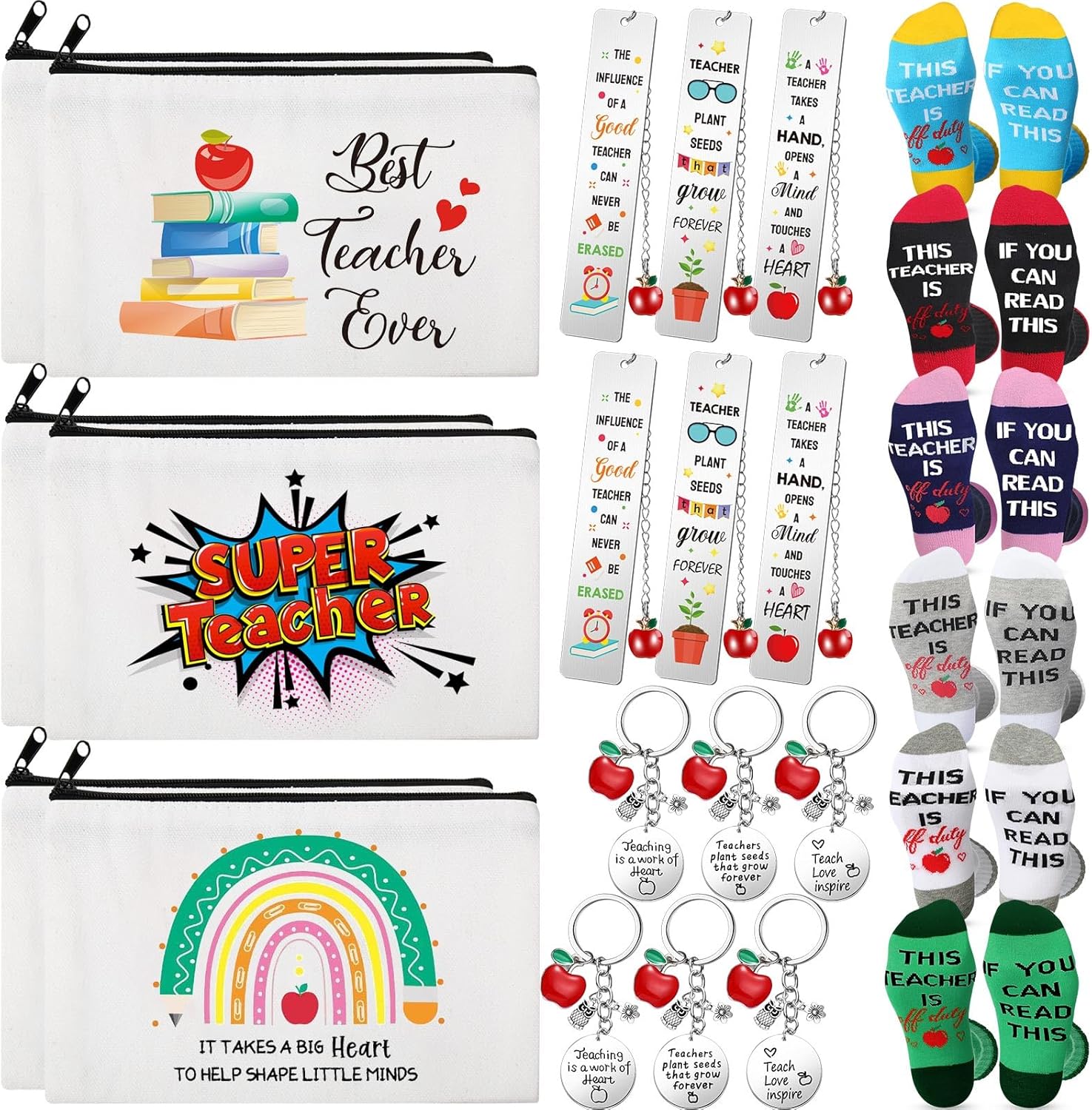Paterr 24 Pcs Teacher Appreciation Gifts for Women Bulk Including Socks Makeup Bags Keychain Metal Bookmark for Valentine's Day(Heart Teaching,Fleece)