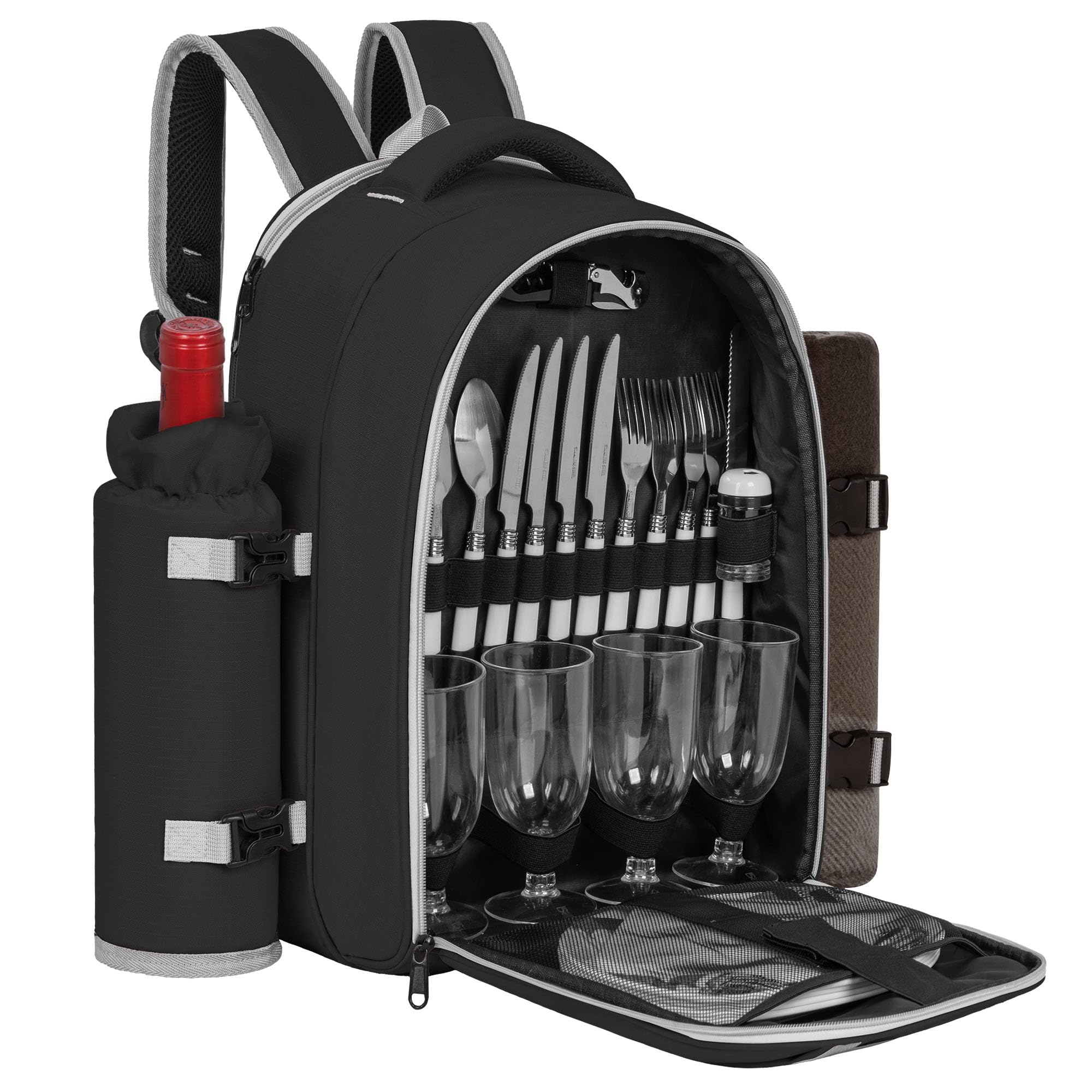 Sac à Dos de Pique-Nique pour 4 Personnes avec Compartiment Réfrigérants Isolés et Étanches, 30 Pièces Sac de Pique-Nique avec Ensemble et Couverture, pour Plage, Camping, Randonnée (Noir)