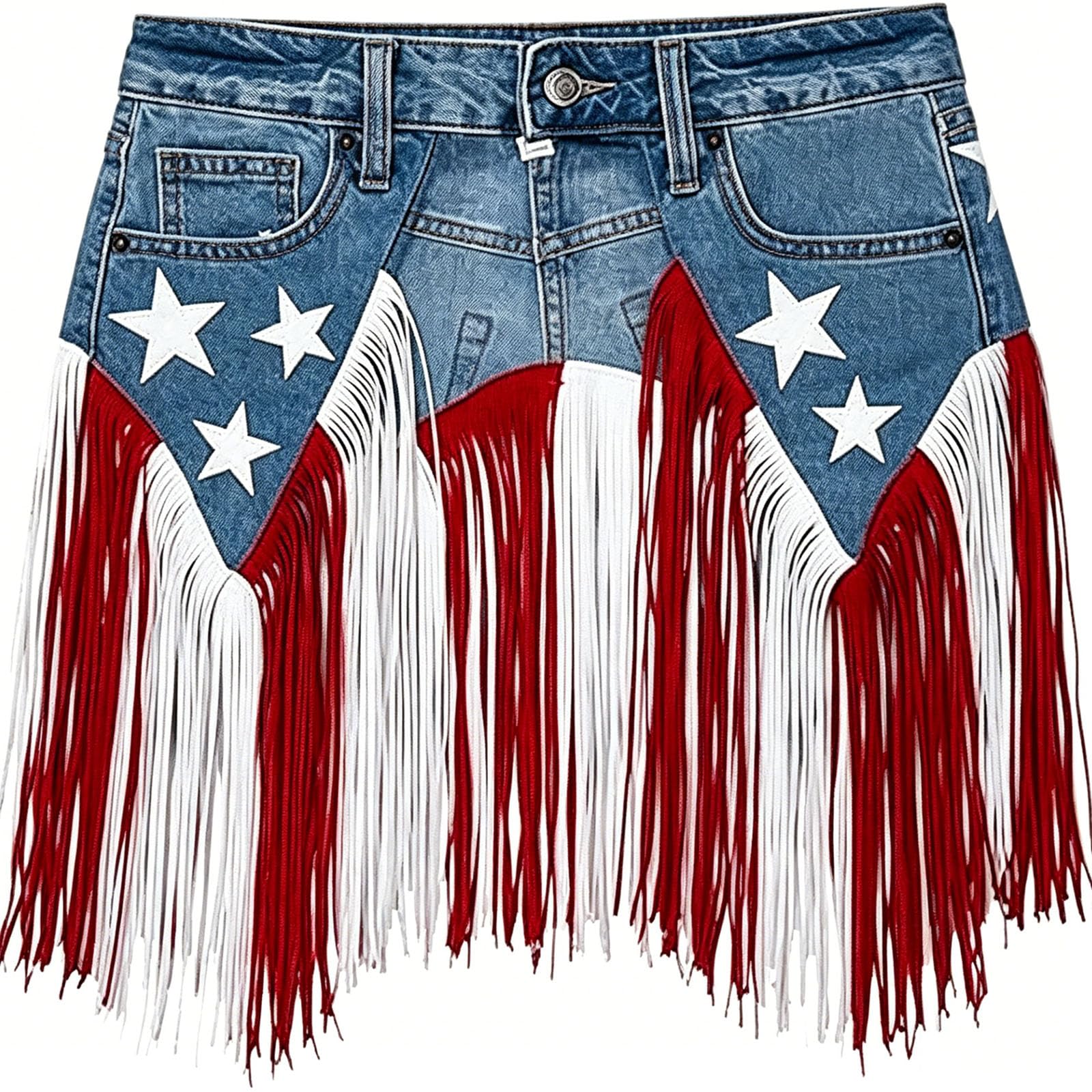 Fokayo Women's 1Pc Usa 250Th Anniversary Patriotic Denim Fringe Belt, American Flag Star Stripes Distressed Jean Belt, Festival Gear (1Pc)