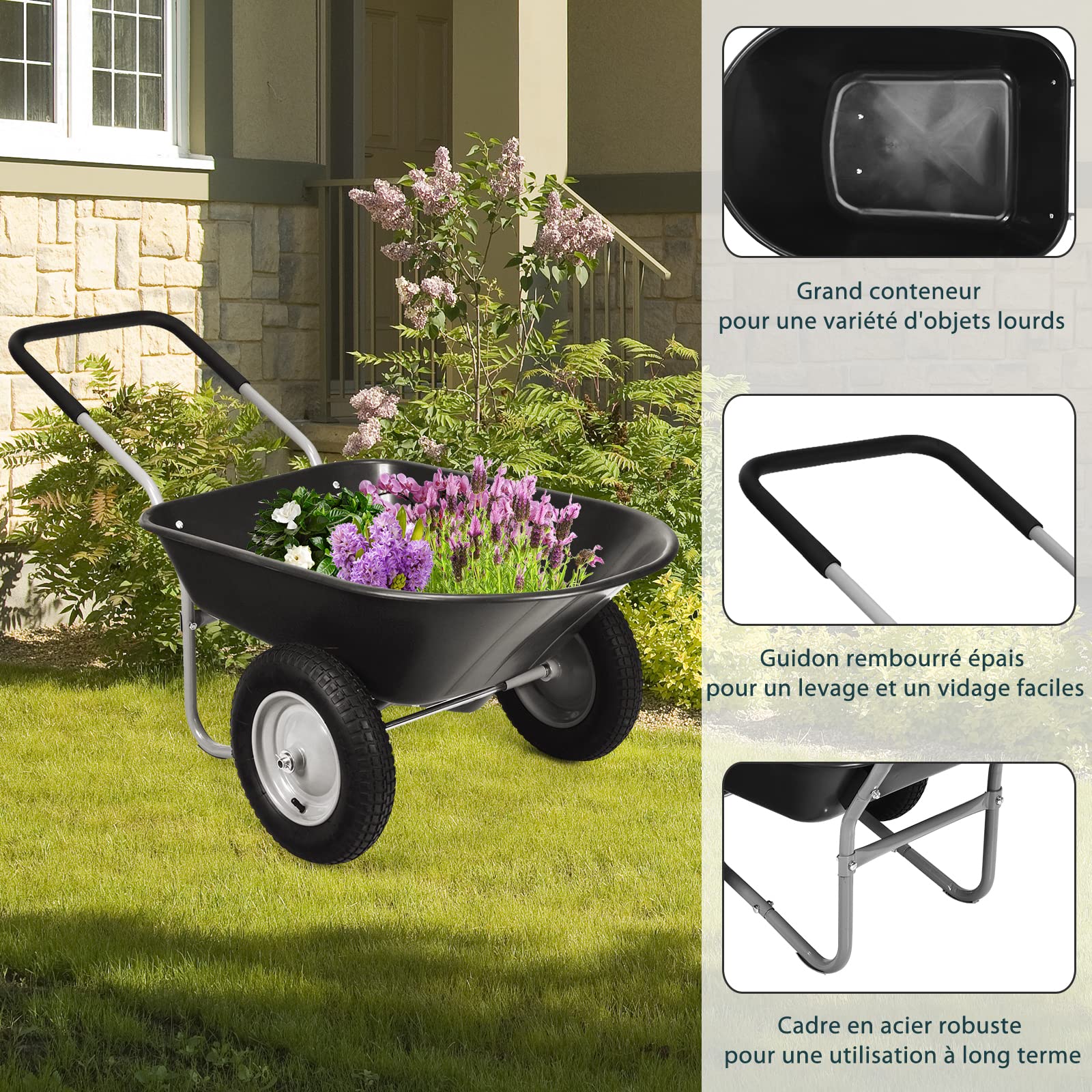 RELAX4LIFE Chariots de Jardin avec Cadre en Fer et Conteneur de 70 L, Brouette de Jardin avec Poignée en Caoutchouc et Roues Gonflables, Chariot, Capacité Max 100 KG pour Jardins/Fermes (Noir)
