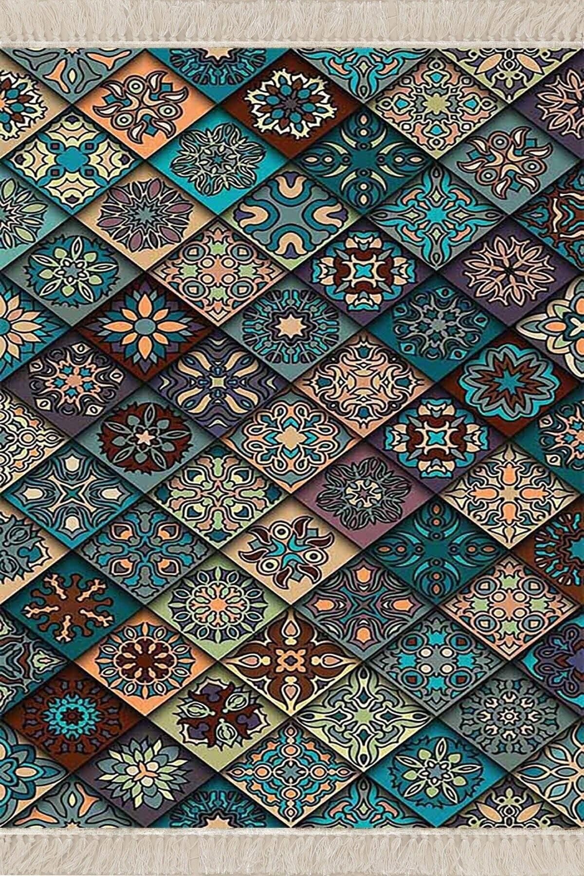 Pelangi Kilim Desenli Etnik Dijital Baskı Yıkanabilir Kaymaz Taban Eskitme Salon Halı ve Yolluk, Yeşil 80 x 200, 239080200728