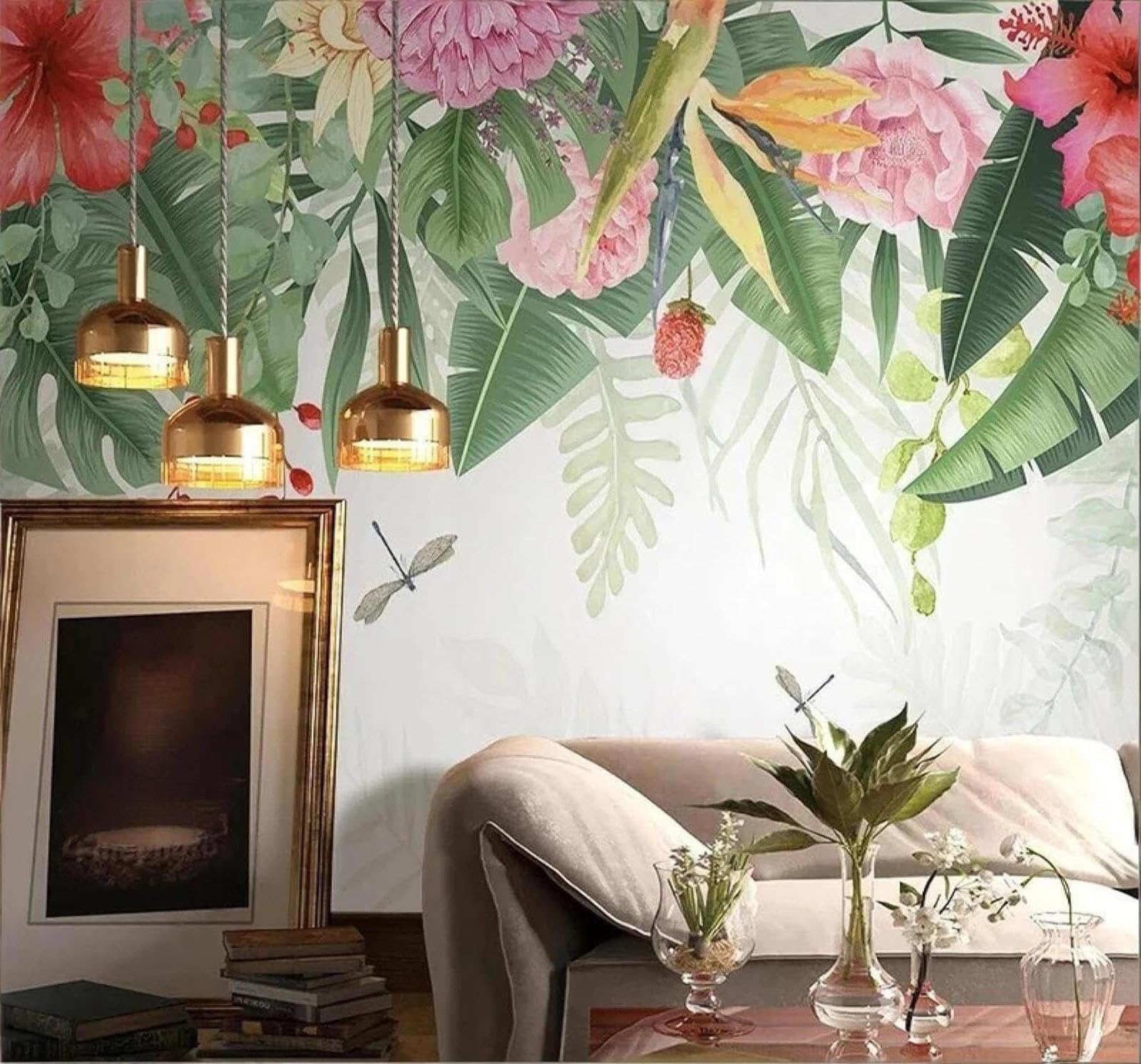XLMING Fresh Plants Green Leaves Pink Flowers 3D Wallpaper Luxury Home Dining Decor Paste Sofa Living Room The Wall for Bedroom Mural-400cm×280cm
