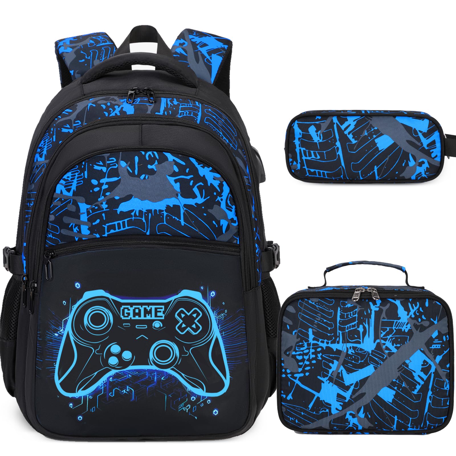 DIGOBAY Boys Backpack for School, 3PCS Cool Luminous Gamer Backpack for Boys with Lunch Box Pencil Case, Kids Backpacks Bookbag for Teen Boy
