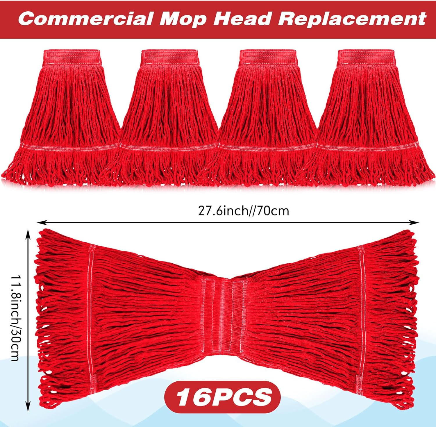 Roshtia 16 Pack Mop Head Replacement Large Heavy Duty Mop Head Commercial Replacement Looped End Cotton String Industrial Washable Mophead Refills for Commercial Industrial Home Cleaning(Red)