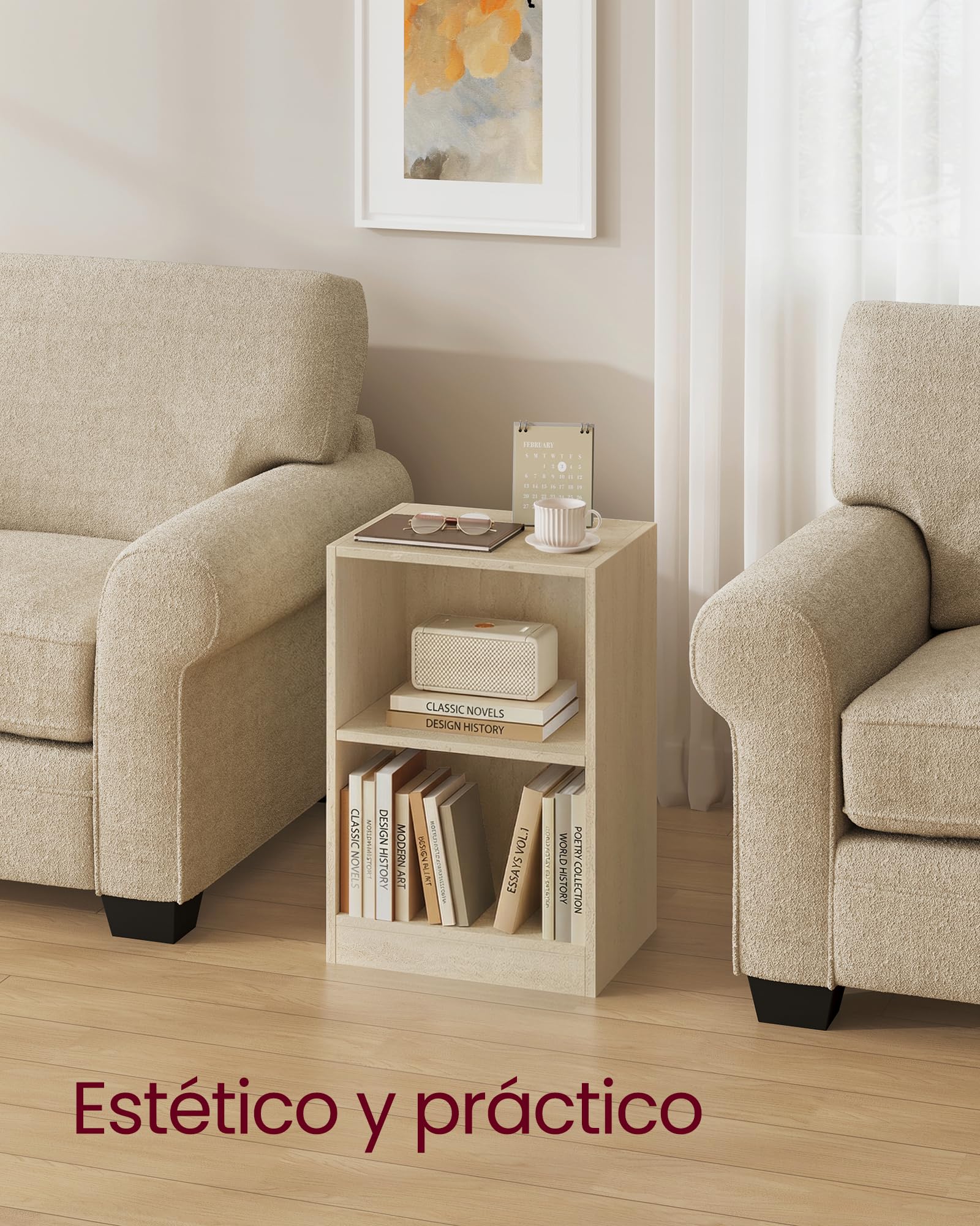 VASAGLE Custos Colección - Juego de 2, Mesita de Noche con Compartimentos Abiertos, Mesa Auxiliar con Balda Ajustable, Doble Uso, Montaje Fácil, Dormitorio, Salón, Beige Travertino LET866LA01