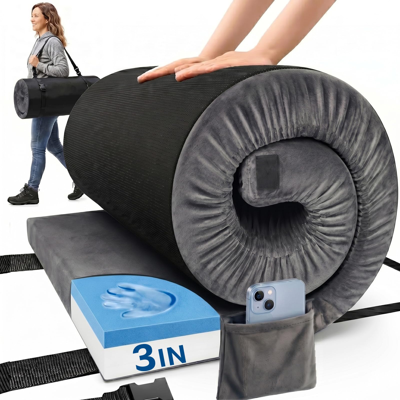 Camping Mattress Pad, 3 Inch Memory Foam Camping Mattress with Non-Slip Bottom & Washable…