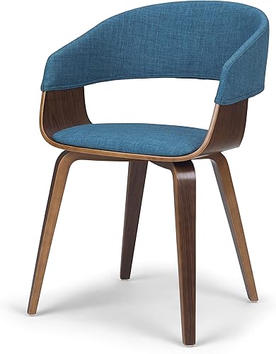 SIMPLIHOME Lowell - Sillas de comedor – Marco tapizado de madera curvada con acabado de nogal y silla de cocina de tela estilo lino en azul, asiento