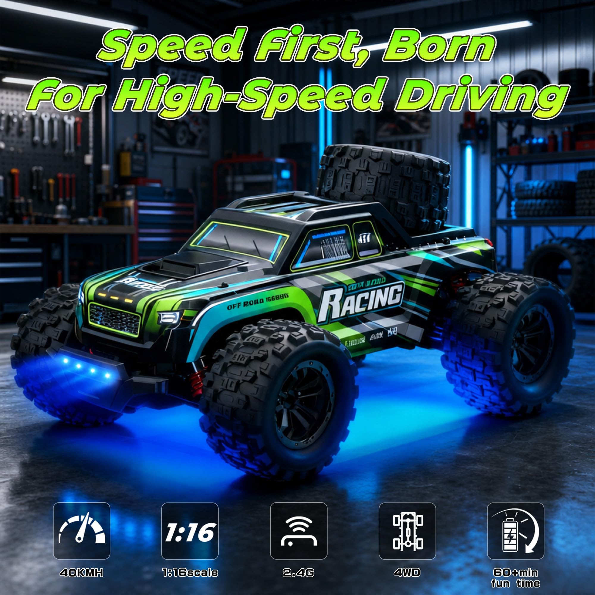 Ferngesteuertes Auto 1:16 4WD RC Auto 40 km/h Offroad Mit LED | Offroad-RC-Truck 2 Batterien 2.4GHz All-Terrain-Spielzeug Wiederaufladbar Fast Cars Für Kinder und Erwachsene - Schwarz