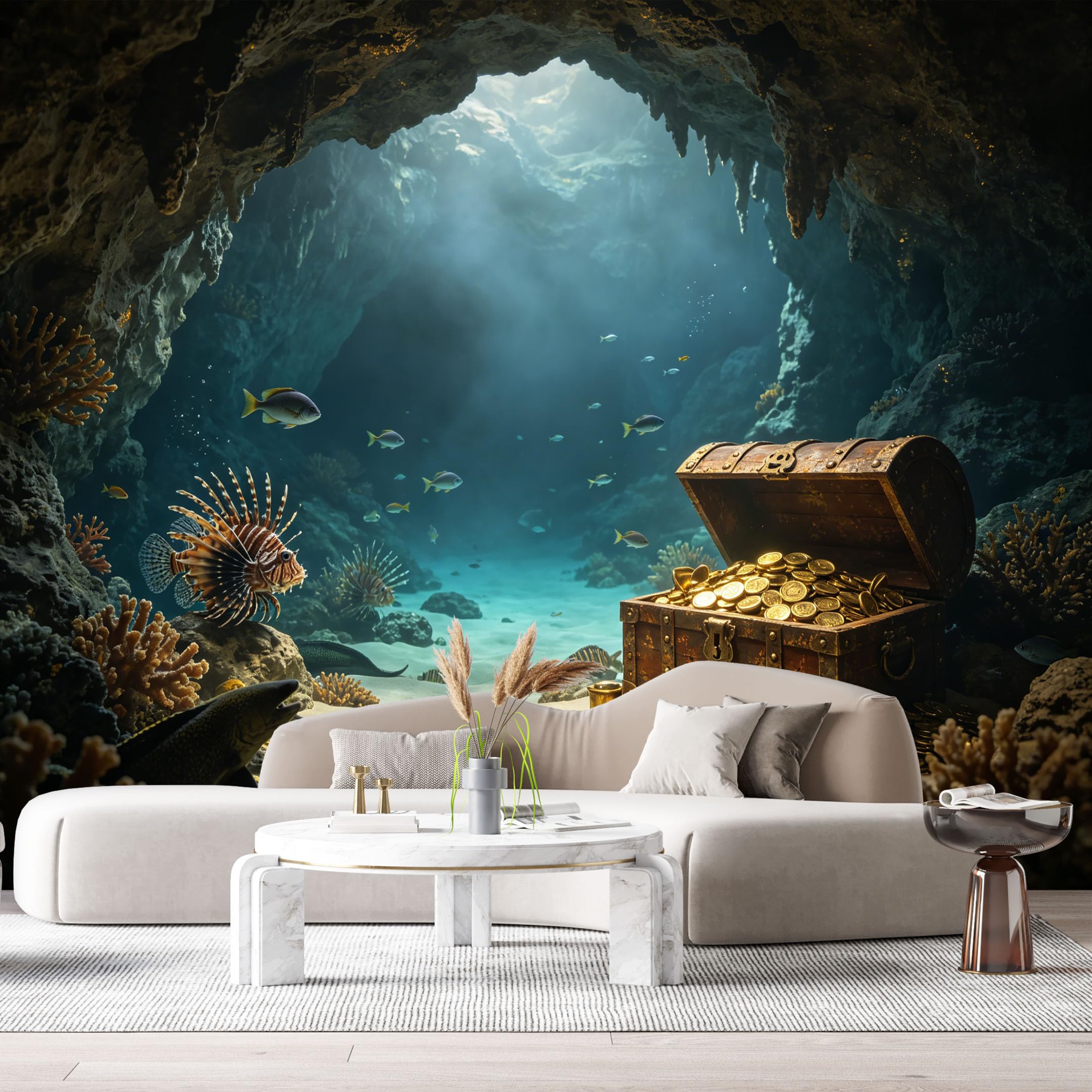 Custom Size Wall Murals Underwater Cave Treasure Chest Marine 3D Tropical Fish SelfAdhesiveWall Fabric Removable Wallpaper Wall Decor for Living Room Bedroom Bathroom