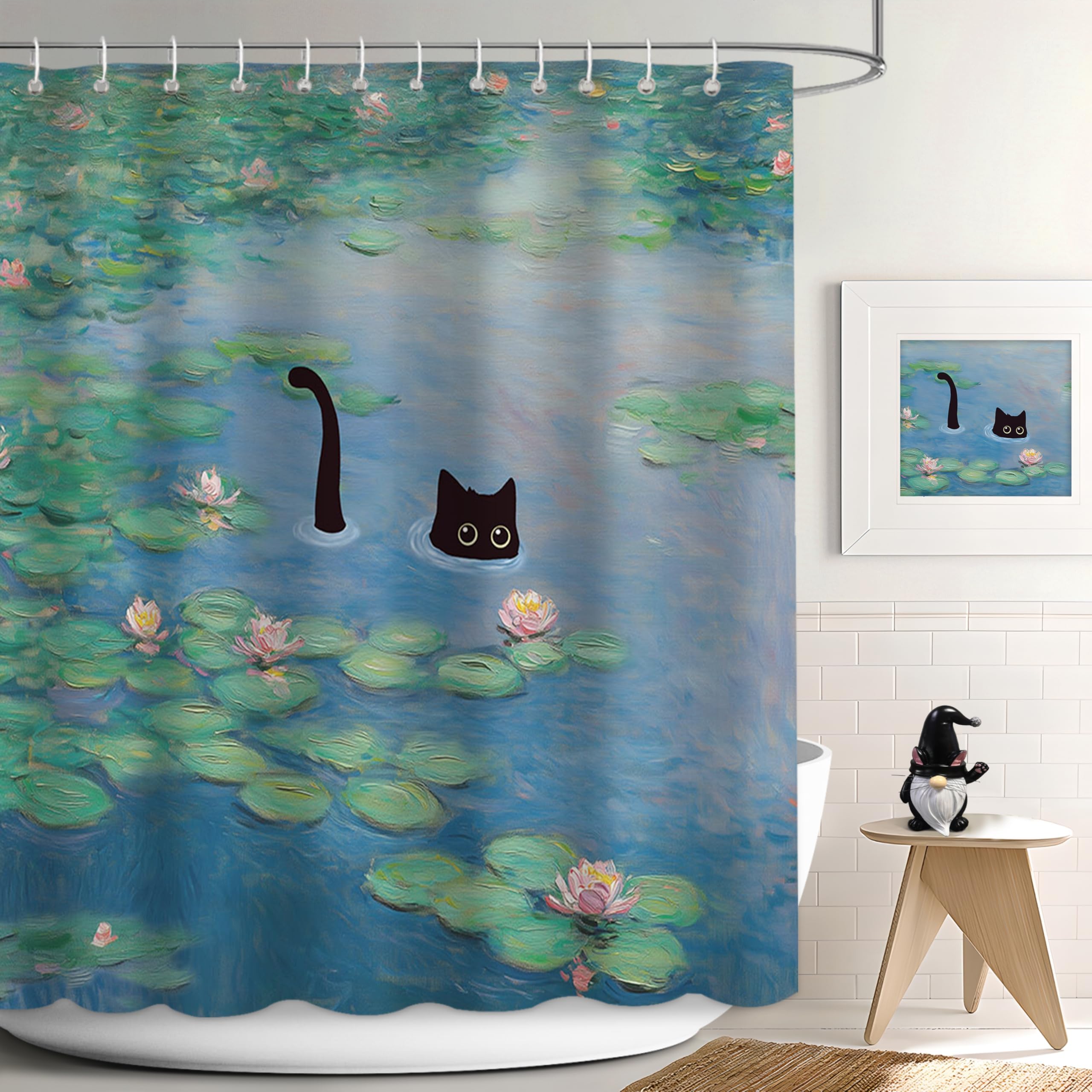 Cat Shower Curtain, Boho Modern Cute Girly Bathroom Curtain, Black Cartoon Cat Lotus Leaves and Flowers Pond Curtain Set, Waterproof Bathroom Home Decor Set with Hooks, 72X72 Inches