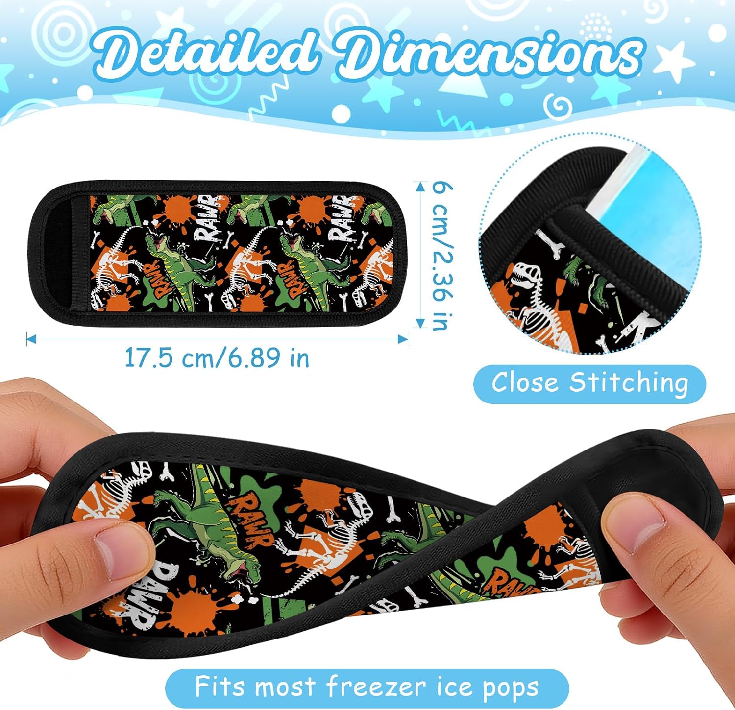 Dinosaur Truck Ice Pop Sleeves for Kids, 6 Pack Neoprene Popsicle Holders for Kids, Insulated Neoprene Freezer Pop Sleeves for Boys Girls, No Drip Washable Ice Pop Holders, Summer Party Supplies
