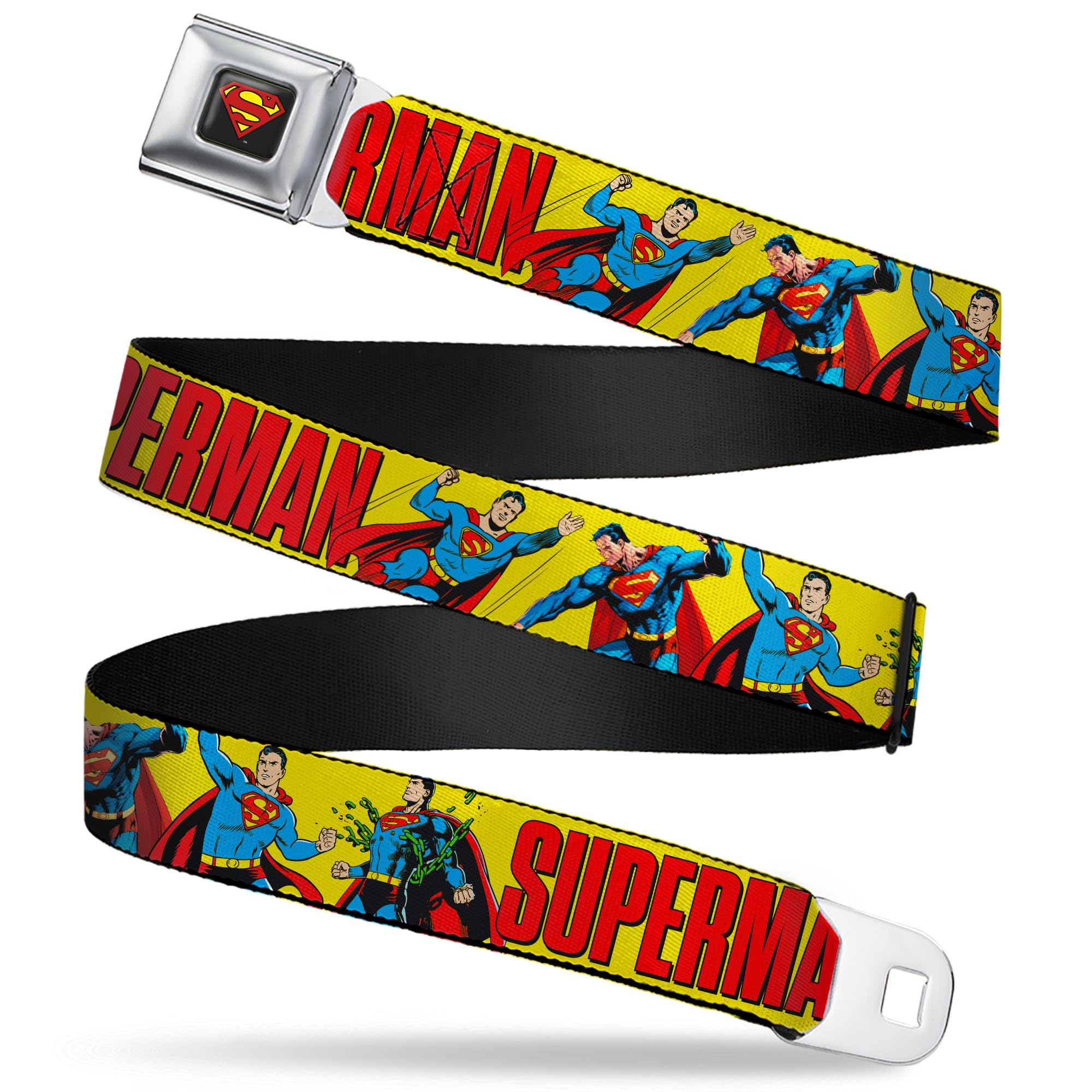 DC Comics Belt, Seatbelt Buckle Belt, Superman Action Poses and Text Yellow Red
