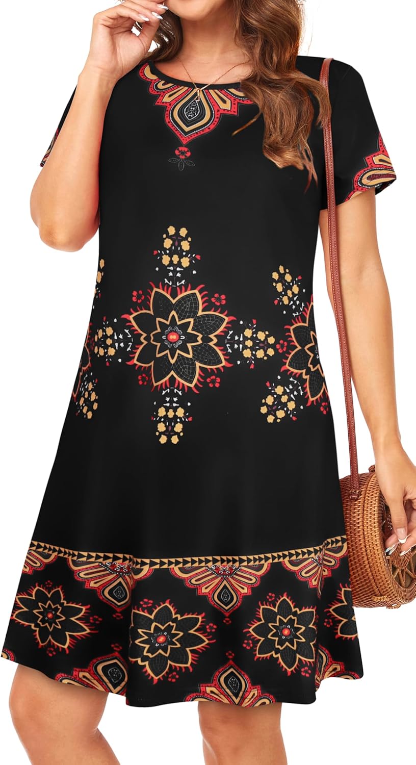 Womens Summer Dresses Beach Casual Loose Tshirt Floral Short Sleeve Flowy Pockets Sundresses - Image 4