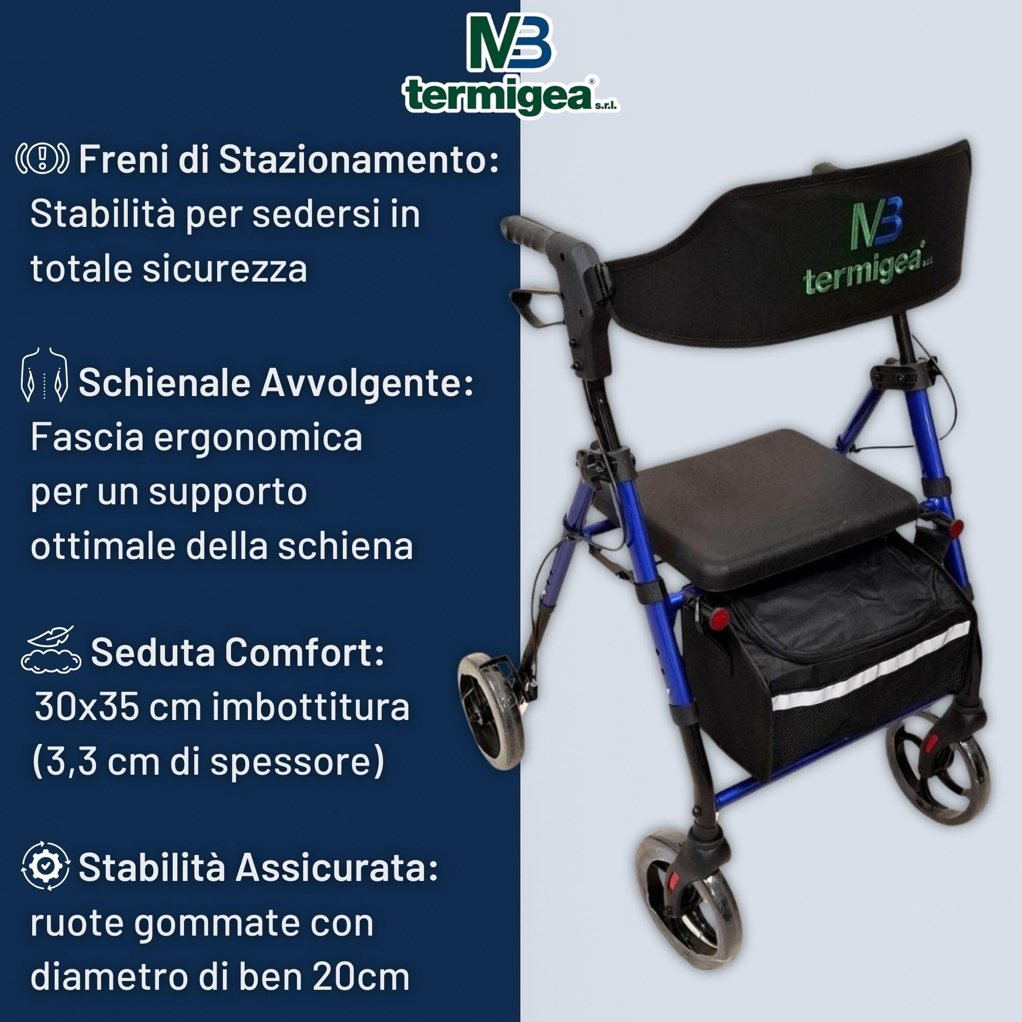 TERMIGEA RO31 - Deambulatore per Anziani con Seduta, Carrello per Anziani per Camminare Regolabile e Pieghevole in Alluminio Leggero (Portata 130KG) Dotato di Freni Classici e Freno di Stazionamento