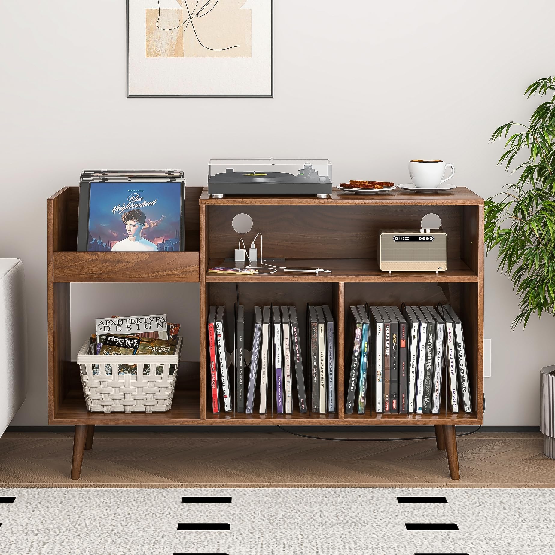 Record Player Stand with Charging Station & USB Ports, Mid-Century Turntable Stand Table Holds Up to 300 Albums, Vinyl Record Storage Cabinet with Wood Legs for Living Room Office(Walnut)