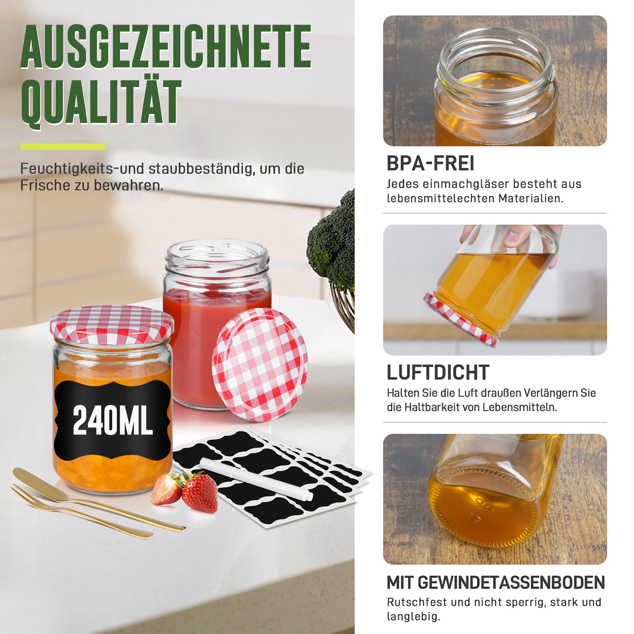 24 barattoli per conserve con coperchio a vite, per marmellata, miele, yogurt, barattoli rotondi con etichette, coltello da frutta e forchetta, 350 ml, con coperchio a quadri