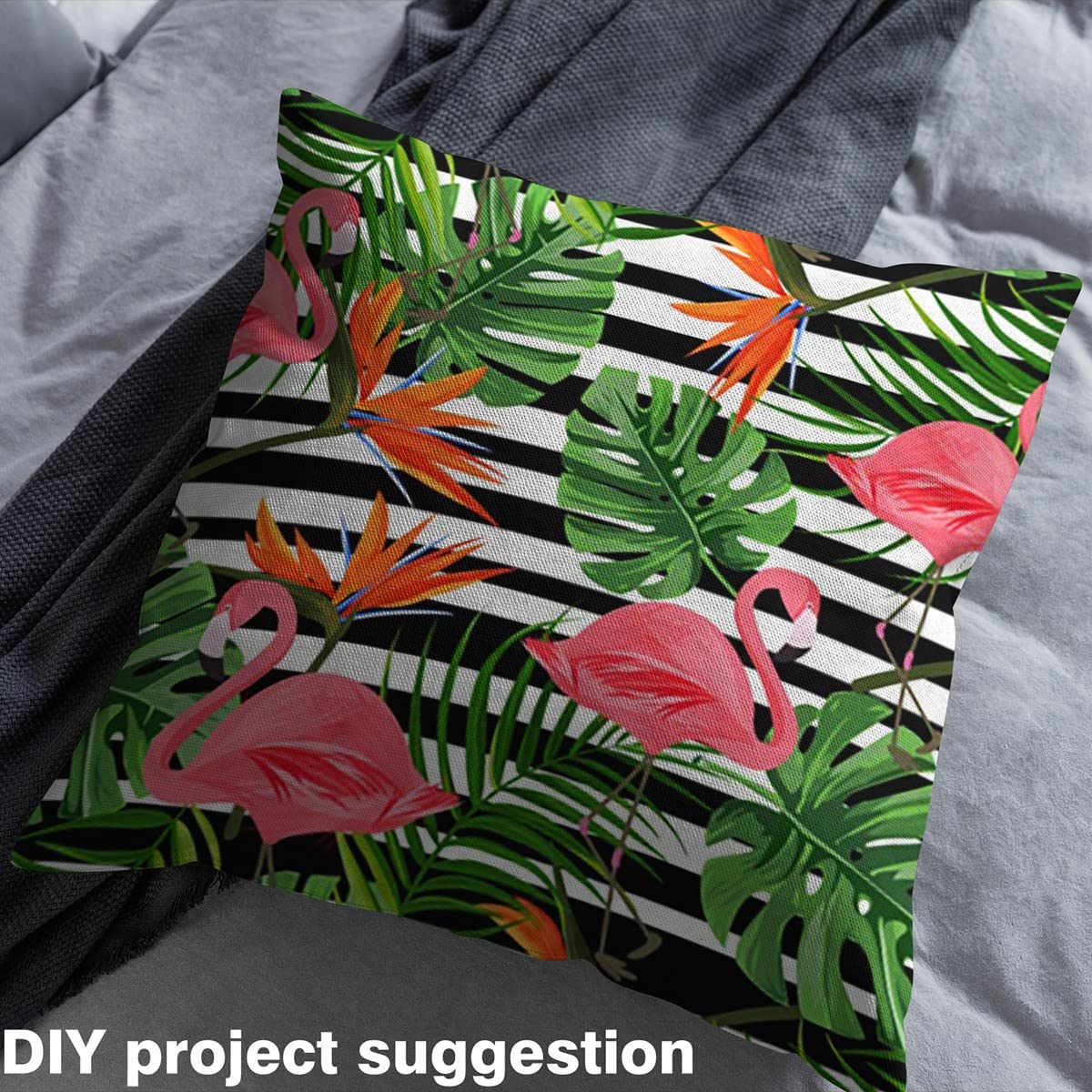 Tropikalna tkanina tapicerska firmy The Yard, tkanina z liśćmi palmy flaminga do tapicerki i projektów DIY, letnia kwiatowa linia w paski, wodoodporna tkanina zewnętrzna, 5 metrów, dł. 460 x szer. 150