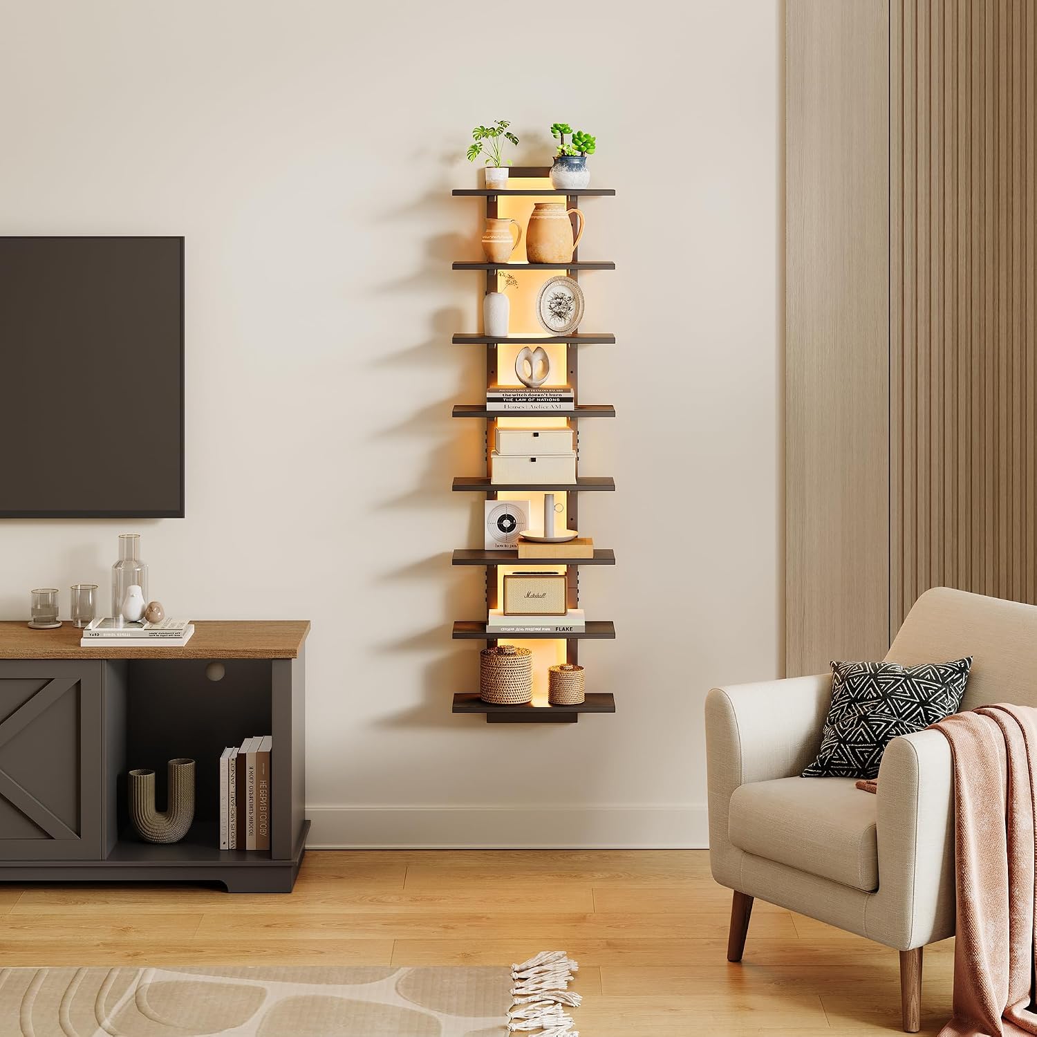 8 Tier Wall Shelf Unit Floating Shelves with LED Light, Wall Decor, Black Lack Wall Shelf, Wall Mounted Vertical Display Shelf for Bedroom, Living Room, Vanity, 15" W x 5.9" D x 58.3" H