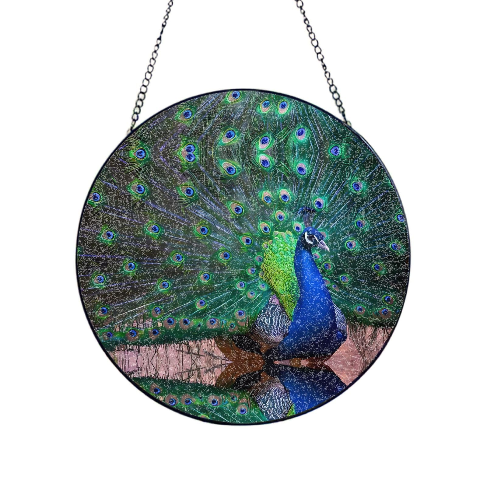 Phayah Beautiful Peacock Print Glass Window Hanging Sun Catchers Suncatcher Decor For Birthday For Home Garden Porch 10in（25cm）