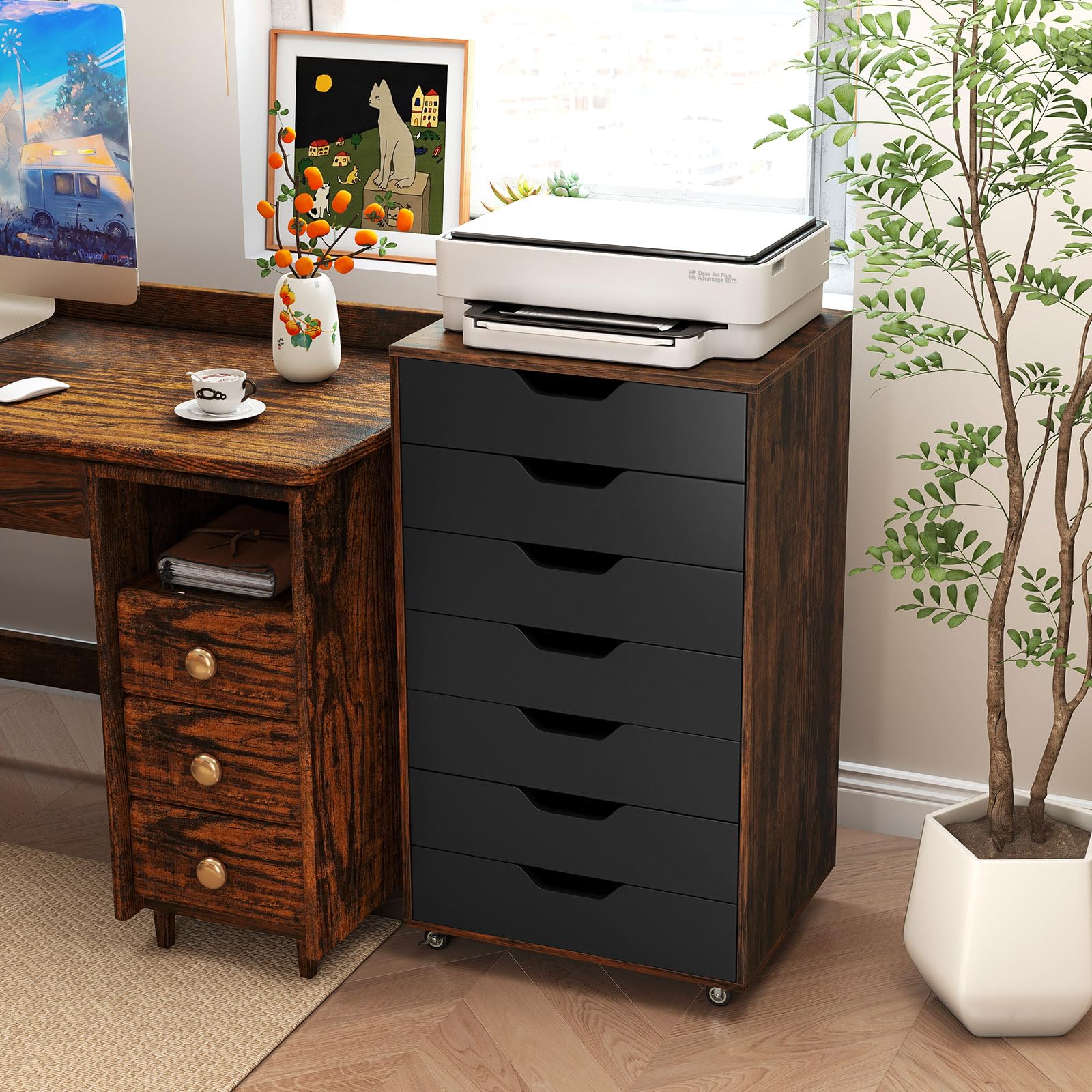 GIANTEX Archivador Móvil con 7 Cajones, Cajonera de Madera con 4 Ruedas Bajo Escritorio, Soporte para Impresora, 49 x 40 x 87 cm, para Oficina, Salón, Dormitorio (Negro+Marrón)