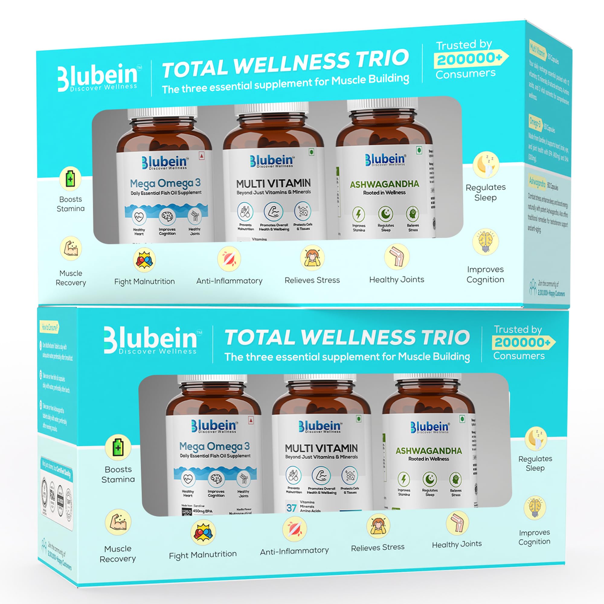 Blubein Total Wellness Trio| Multivitamin with 37 Vital Ingredients 30N|Mega Omega 3 Fish oil Capsules 60N|Ashwagandha with 5% withanolides 60N|(Pack of 2)