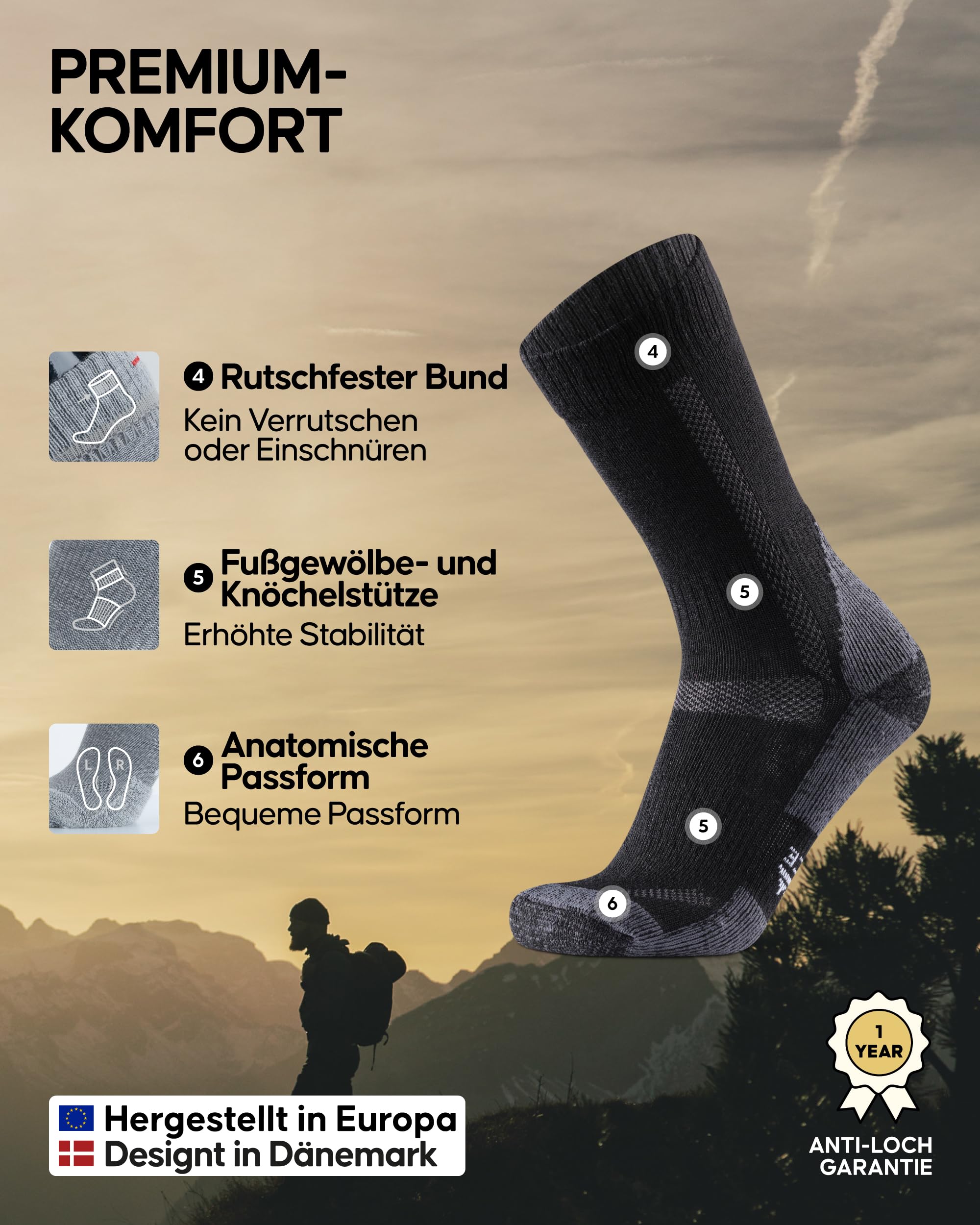DANISH ENDURANCE Merino Wandersocken Funktionssocken Atmungsaktiv Gepolstert Herren Damen Kinder 3 Paar