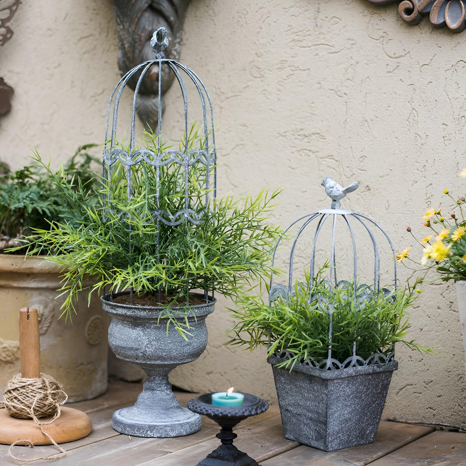 Treillis de jardin nostalgique en métal pour cage à oiseaux – Support de plantes grimpantes de style rétro pour légumes d'extérieur, courgettes, tomates et fleurs (52 x 15 cm) – Support en fer