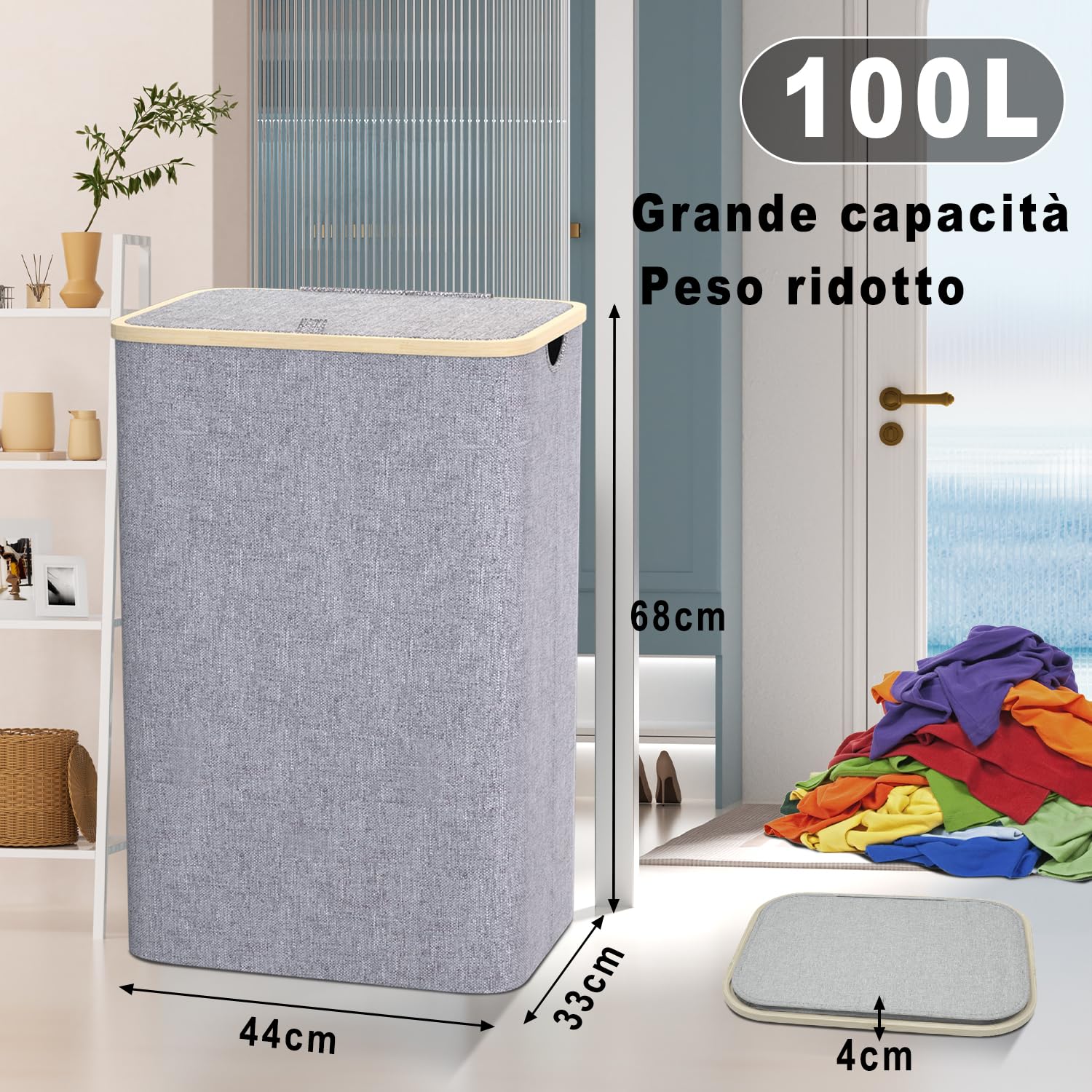 Cesto Portabiancheria Sporca Grande -100L Cesto Biancheria Sporca per Bagno in Bambú con Coperchio, Cesta Panni Sporchi con Manici per Bagno, Lavanderia, Camera da Letto per Salvaspazio-Grigio