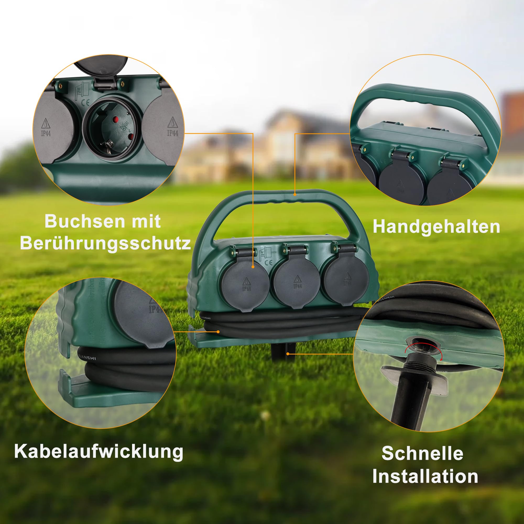 XUANSHI 6-Fach Garten-Steckdose IP44 mit Tragegriff und Erdspieß, wasserfeste Außensteckdose mit H07RN-F Gummi Kabel (10m, grün)