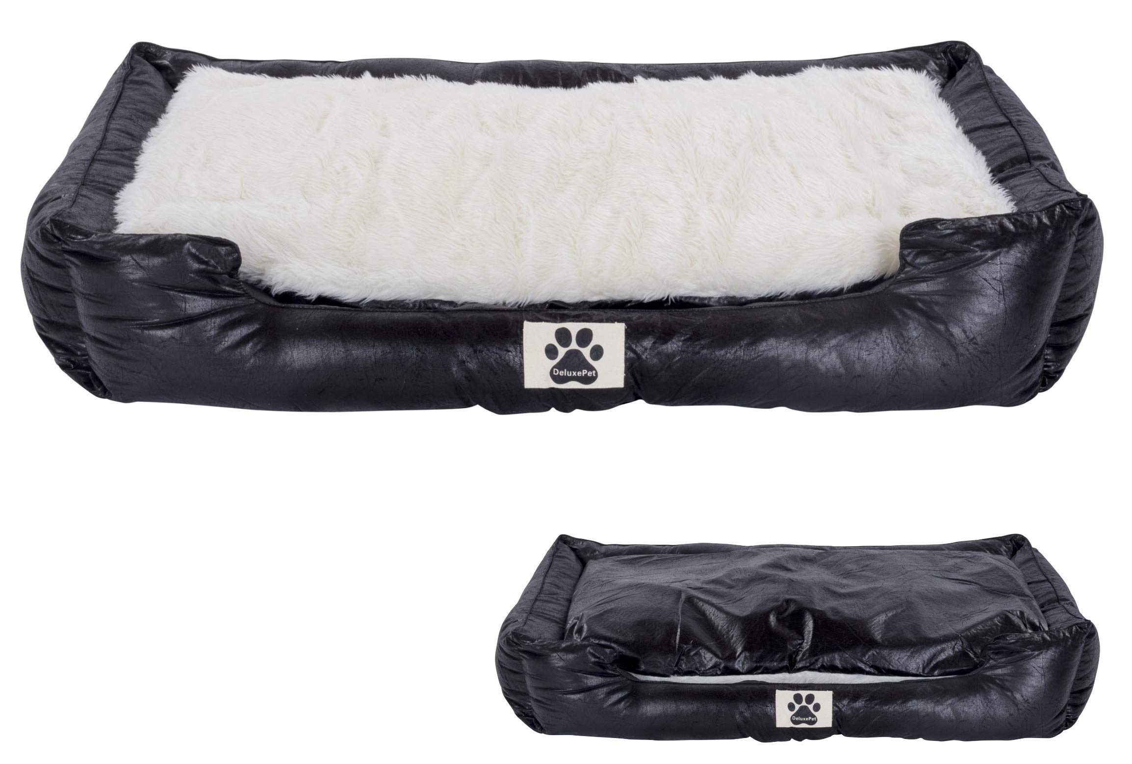 DeluxePet 'Schlummer' Hundebett schwarz 120x80 aus Kunstleder mit 2in1 Wendekissen, Hundekissen für große Hunde mit einer Fell und Leder Seite, Seiten weich gepolstert, Anti-Rutsch Rückseite