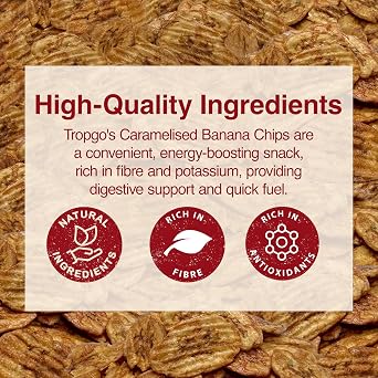 Tropgo Caramelised Banana Chips – Dried Fruit in a Resealable and Recyclable Bag – Quick Energy Boost & Wholesome Trail Mix – Ready-to-Eat Dehydrated Fruit Snacks for Kids and Adults (70g)