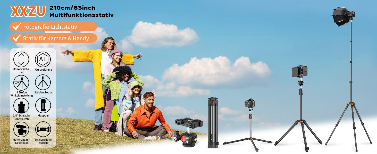 XXZU 210cm Lichtstatief met Kogelkop, Fotografiestandaard Omkeerbaar Draagbaar Telefoonstatief met Hoes, Studioverlichtingsstatief voor Camera/ Telefoon/Webcam/Stroboscooplicht/Projector/Softbox