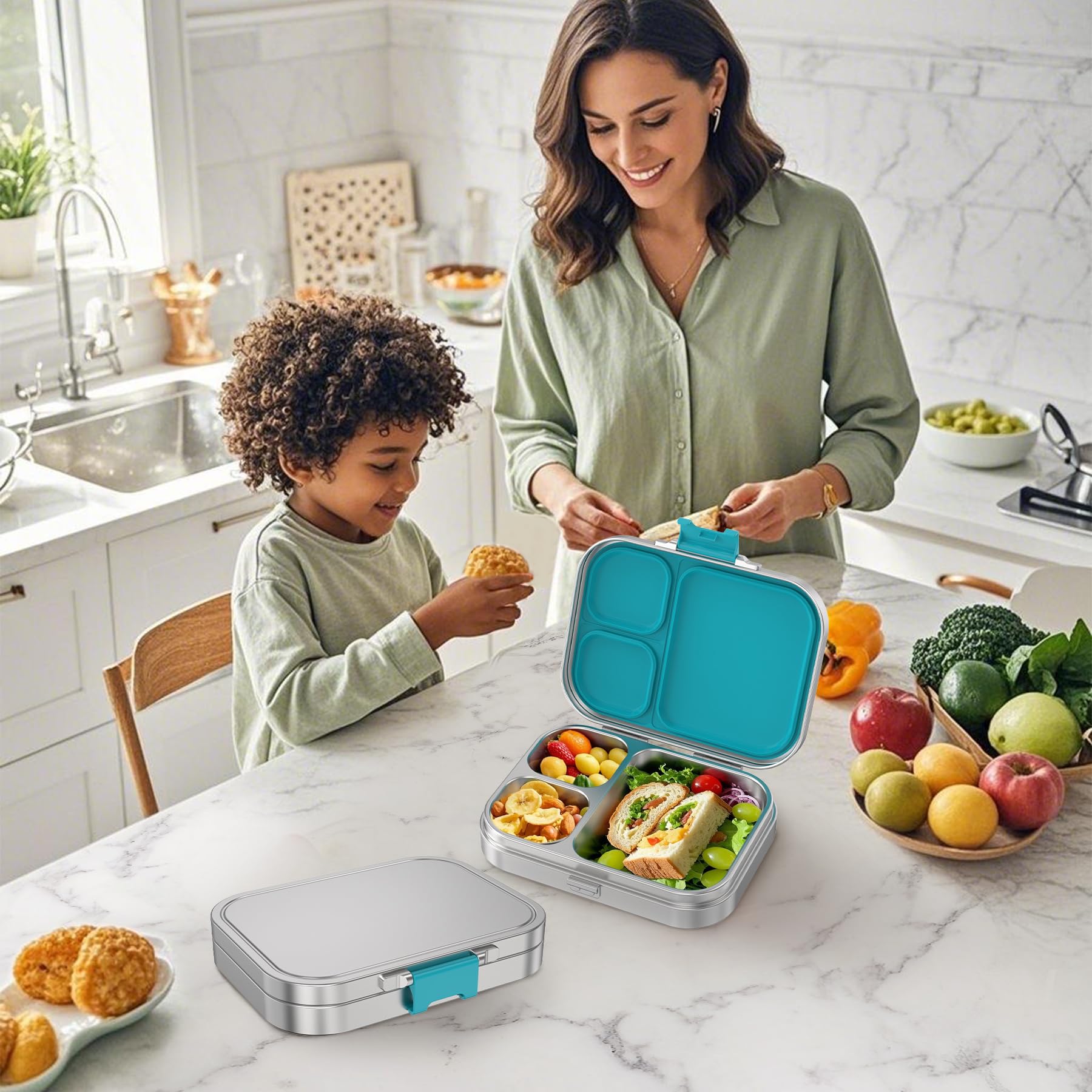 VITONIS Fiambrera de acero inoxidable para niños, fiambrera de metal Bento para niños, con 3 compartimentos y anillo de sellado, fiambrera adecuada para niños y adultos, apta para lavavajillas (azul)