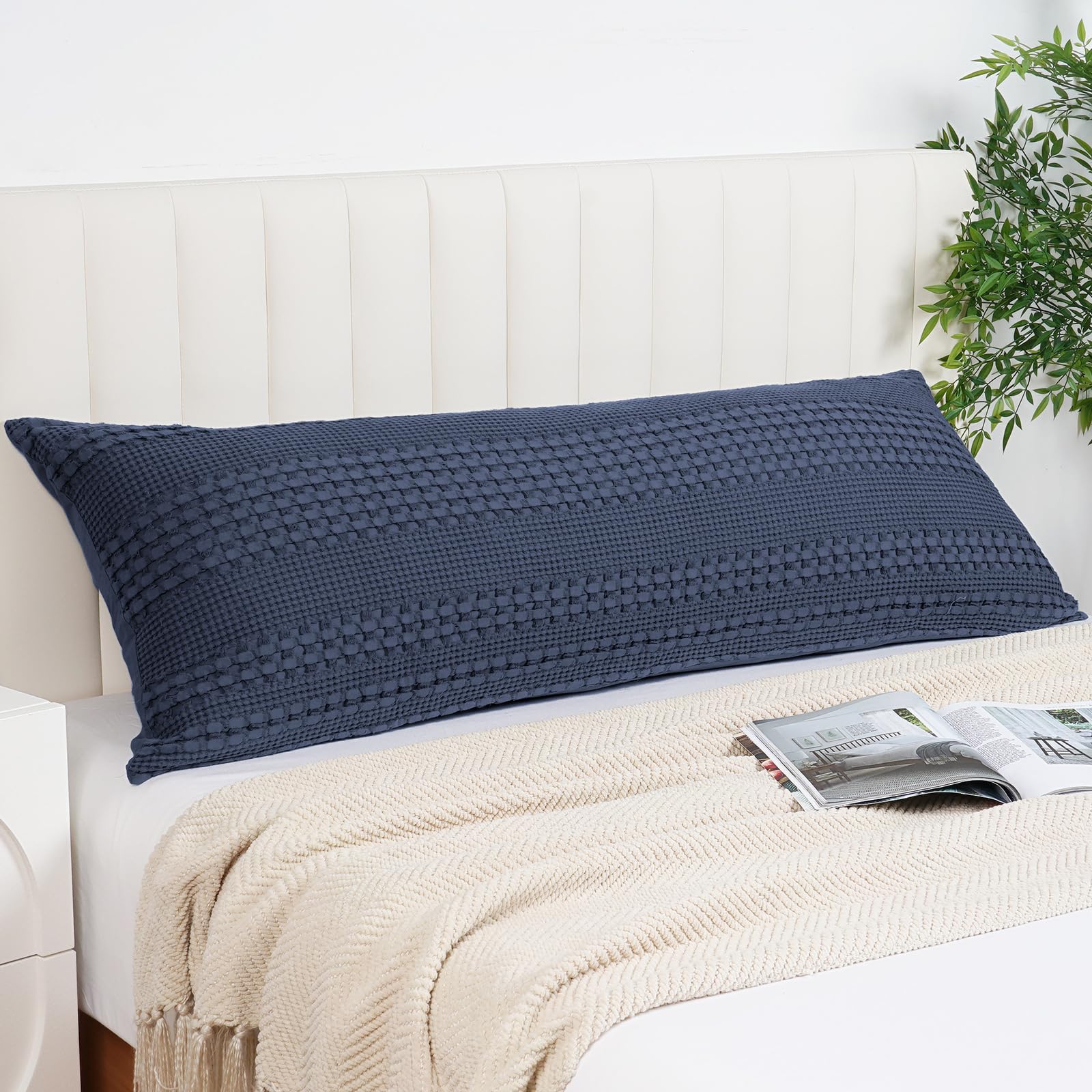 PHF 100% Cotton Waffle Body Pillowcase with Zipper, 1 Pack 20" x 54" Soft Skin-Friendly Pillow Sham, No Filling, Aesthetic Woven and Breathable Waffle Weave Body Pillow Cover for Bed, Indigo — image 1