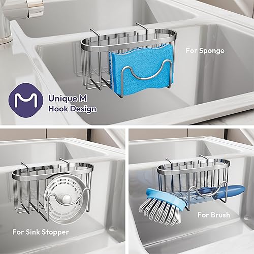 Miniatura 3 de SWTYMIKI Soporte de esponja para fregadero de cocina, organizador de cocina móvil con gancho en forma de M, organizador de esponja colgante de acero
