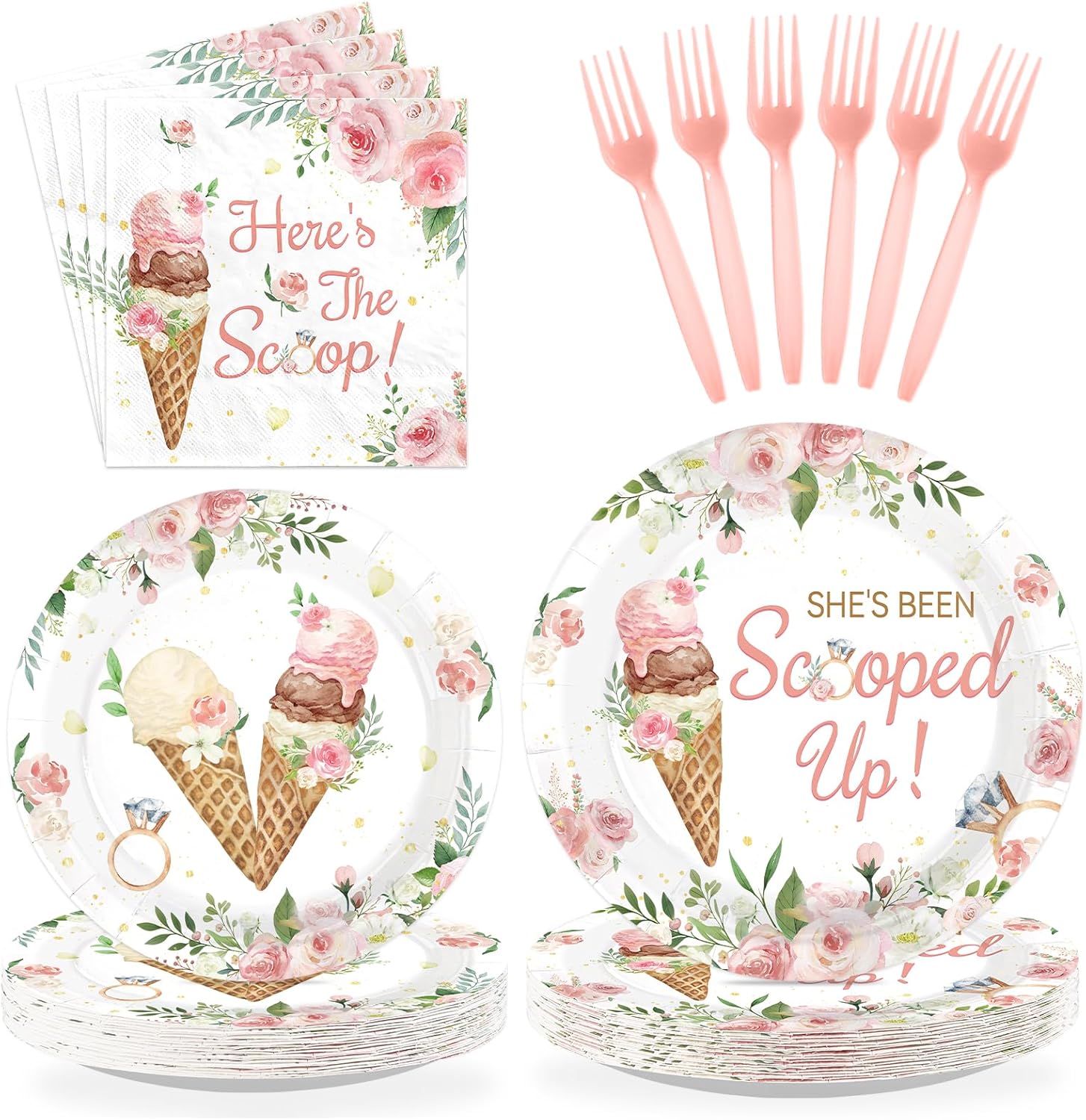 96 Pcs Ice Cream Bridal Shower Decorations Disposable She's Been Scooped Up Paper Plates and Napkins Pink Floral Tableware Set for Women Bridal Shower Wedding Engagement Bachelorette Party Supplies