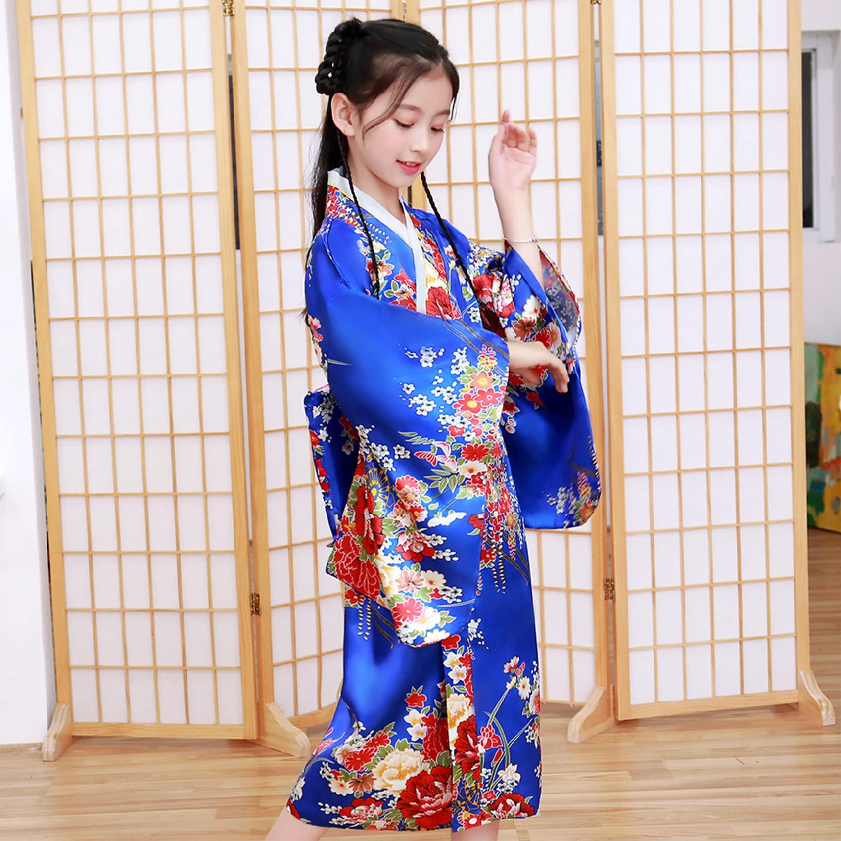 Kimono Japonais pour Filles,Robe Yukata Japonaise,Robe Kimono Satin pour les Enfants,Robe de Soirée de Jeu de Rôle Anime pour les Filles avec Eventail Pliant et Chaussettes Tabi