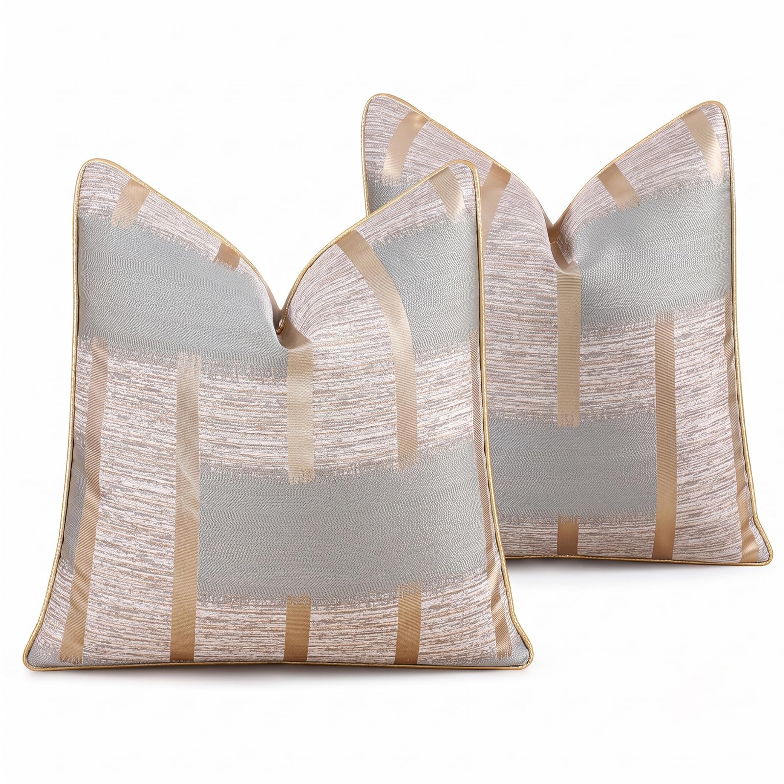 HOSTECCO Grey Gold Geometric Jacquard Cushion Covers 45x45cm Pack of 2, Contemporary Scandinavian Decorative Scatter Cushion Cases for Sofa Living Room Decor