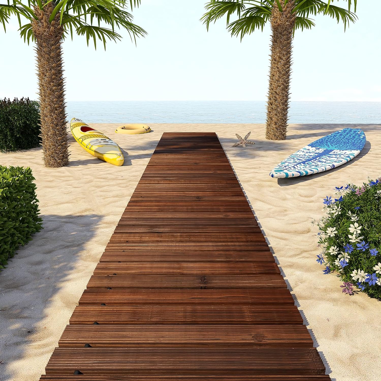 12FT Wooden Garden Pathway,Wooden Walkway with Non-Slip Surface, Roll Out Wooden Pathway Weather-Resistant Walkway for Outdoor Patios Wedding Party Pathways (Carbonized, 12FT-Straight)
