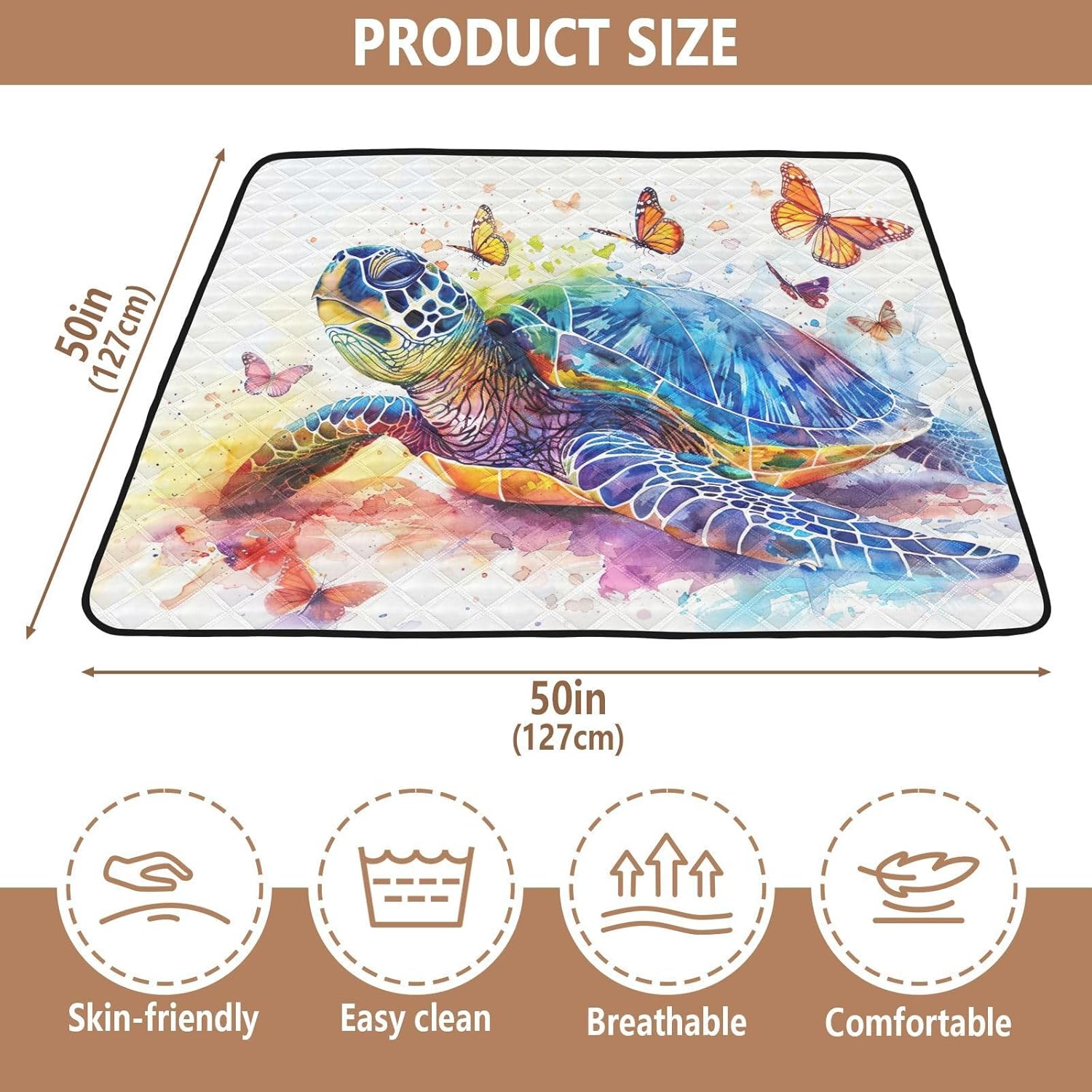Qilmy Sea Turtle Baby Gyms Play Mat for Floor, Waterproof Soft Crawling Mat with Non-Slip Bottom, Lightweight Foldable Picnic Camping Mat for Infants, Toddlers, 50x50in