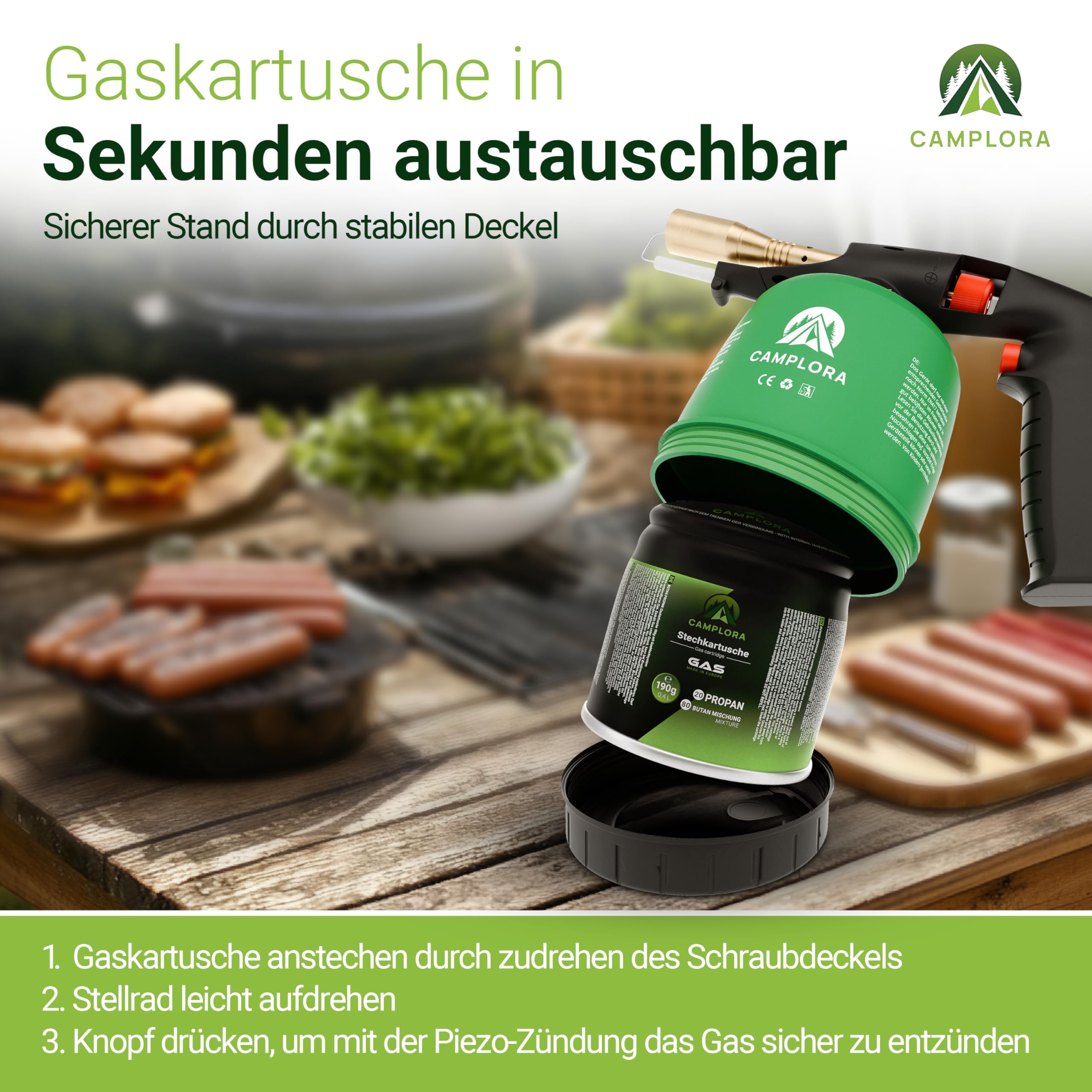 CAMPLORA Chalumeau avec allumage piézoélectrique et 10 cartouches de 190 g, brûleur à gaz pour atelier, fer à souder Bunsenbrenner