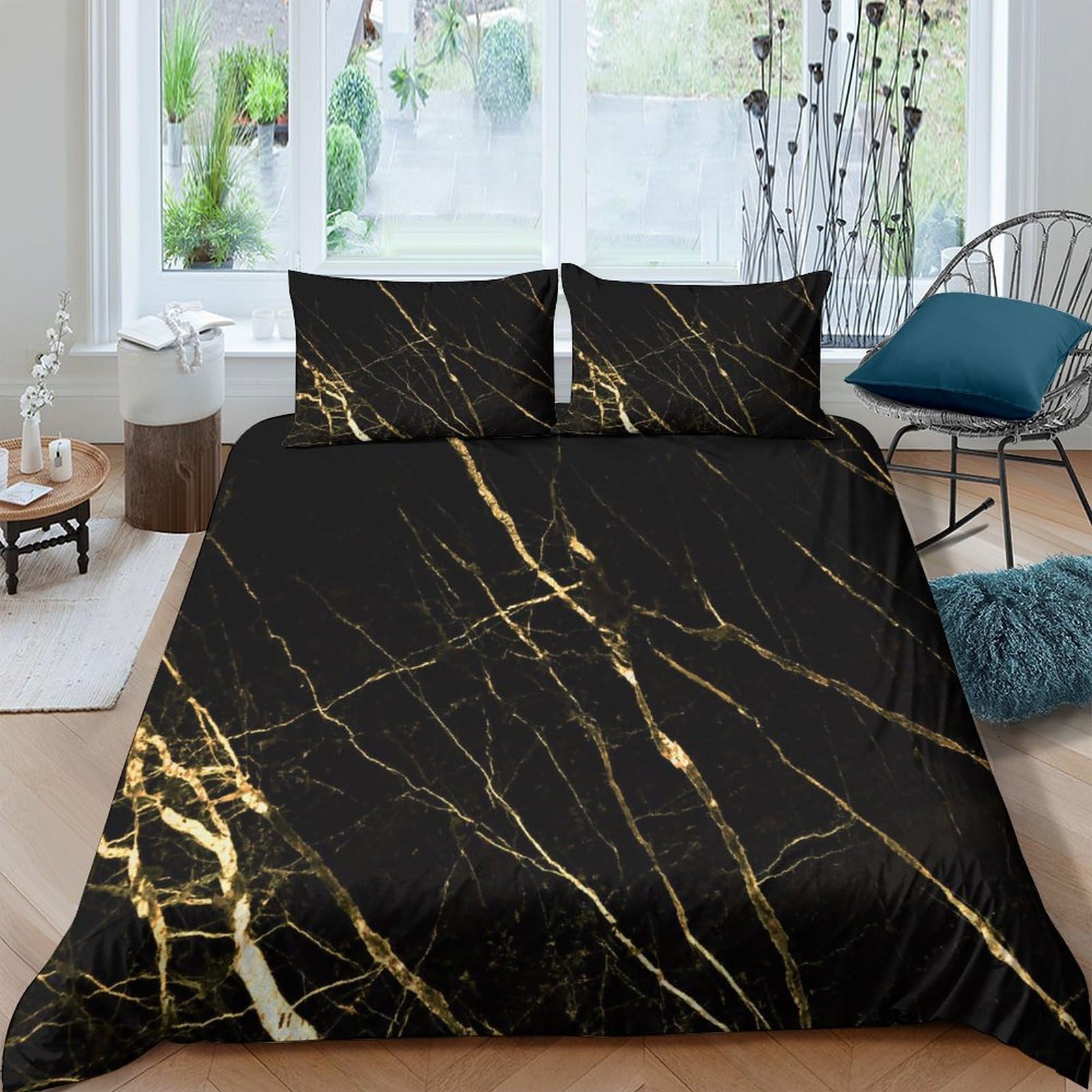 GPLZQXKJNH 3D Printed Black Marble Duvet Cover Microfiber Golden Veins Bedding Set with 2 Pillowcases for Bedroom Decor Single（135x200cm）
