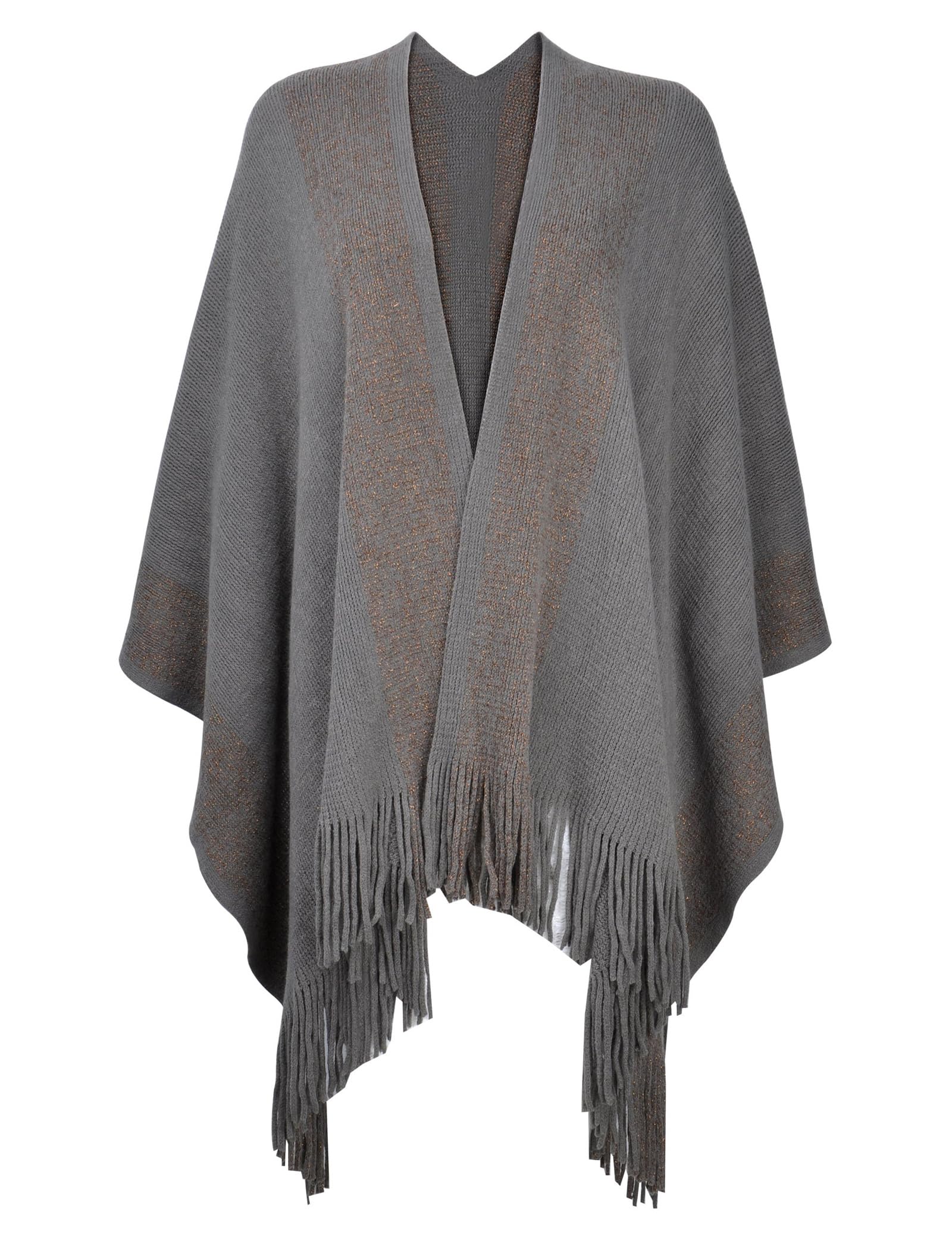 Chal de punto con ribete dorado para mujer, con borlas, capa frontal abierta, capa de abrigo