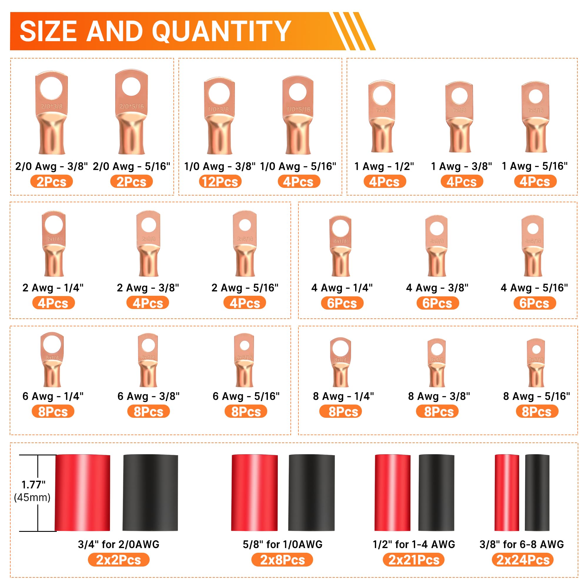 Kuject 220 extremos de cable de batería AWG 1, 2, 4, 6, 8, 1/0, 2/0, 110 terminales de cobre resistentes, surtido de conectores de terminales de cable de batería con 110 tubos termorretráctiles 3:1