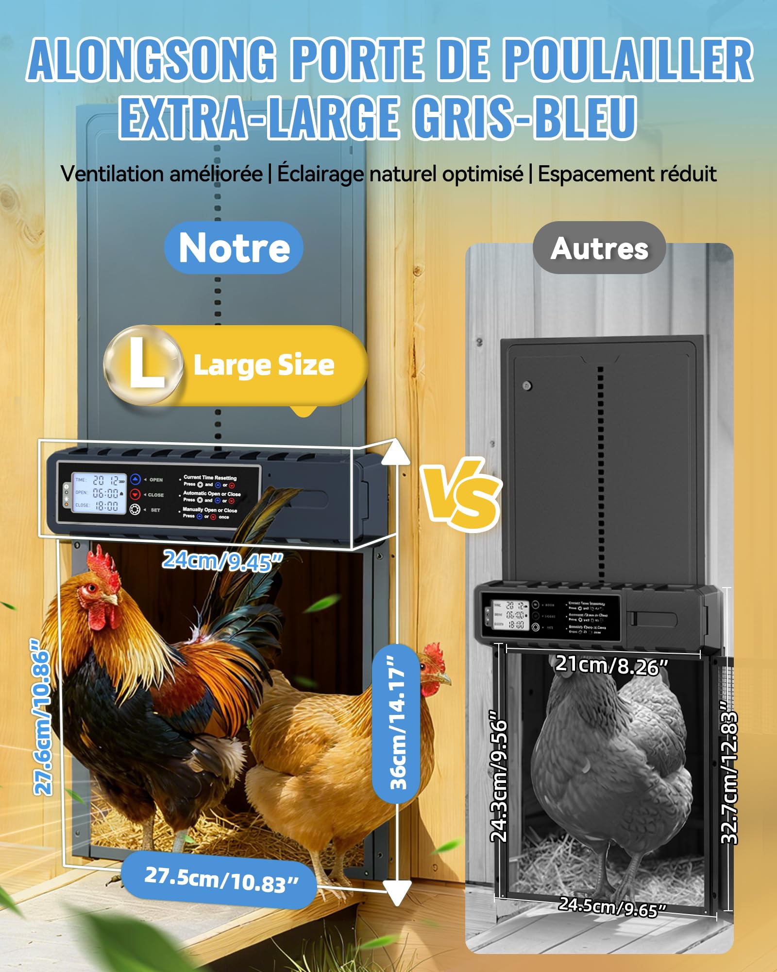 Porte Automatique Poulailler Solaire Grande Taille 27.5x36cm avec Télécommande&USB-C Cable,Porte Poulailler Bleu en Aluminium Étanche,3 Modes,Affichage LED,Sécurité Anti-Pincement,Minuterie