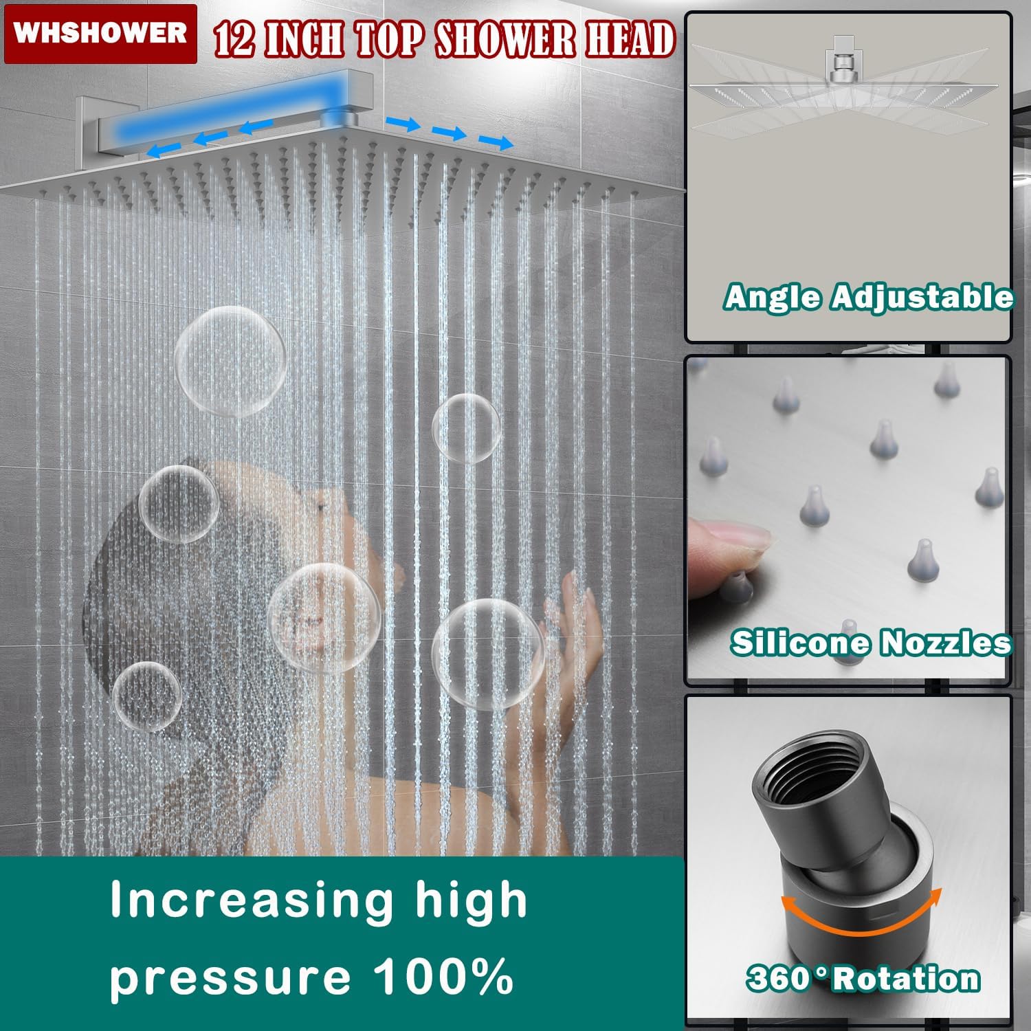 Temperature Display Rain Mixer Shower Faucet Set with 6 Body Jets 12 inch Square Rainfall Shower Head with Handheld Spray Wall Mounted Rough-in Valve and Trim Included,Brushed Nickel