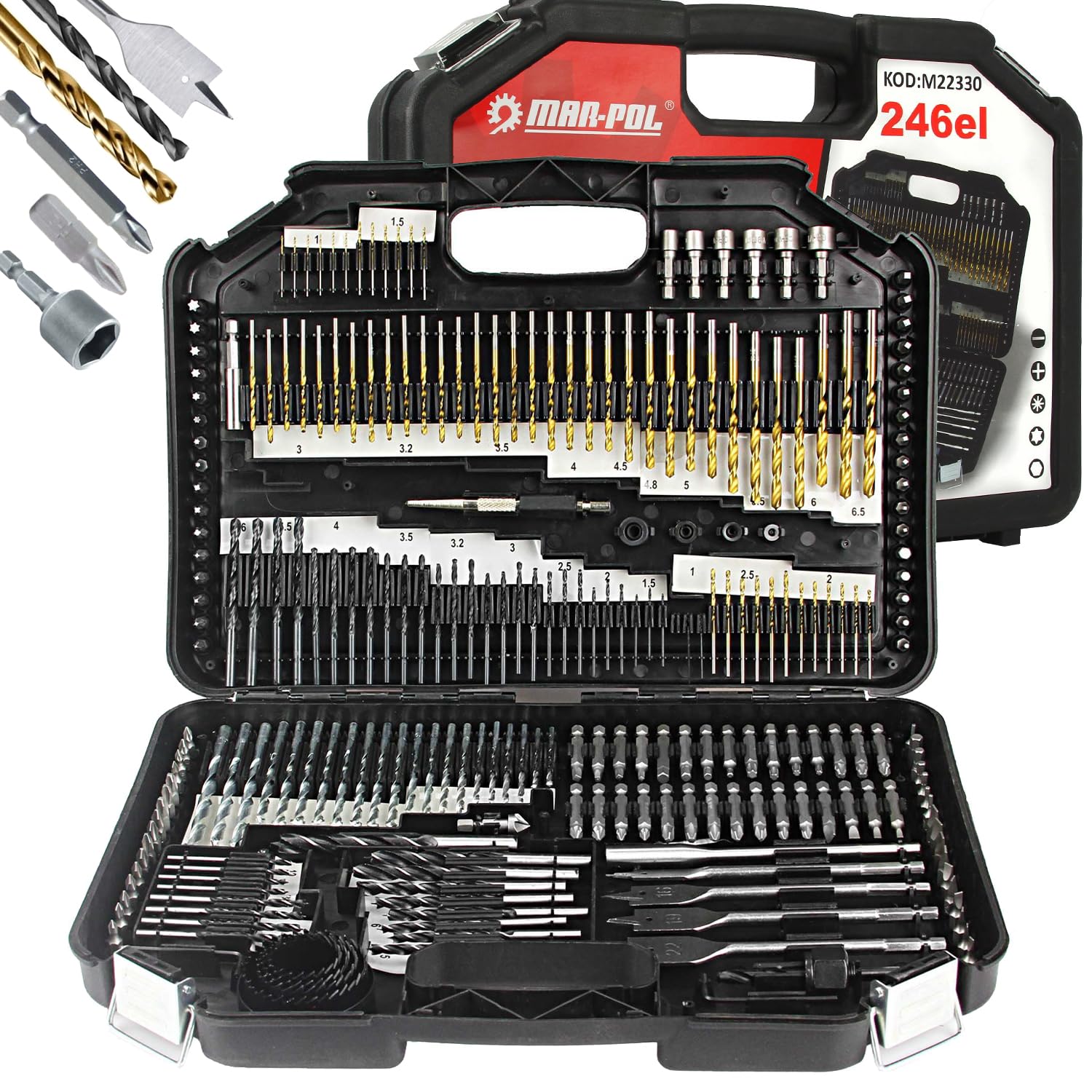 Juego de accesorios para taladro | 246 piezas | brocas para madera metal hormigón adaptadores | con maletín