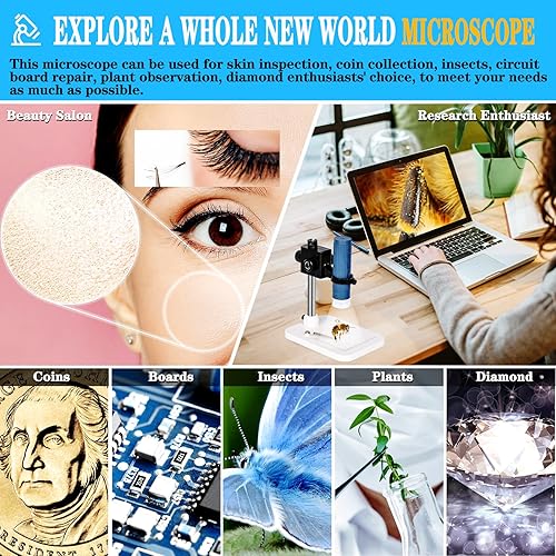 Miniatura 9 de Microscopio digital inalámbrico, microscopio de monedas 50X-1000X con soporte de actualización sin agitación, 8 luces LED ajustables, microscopio